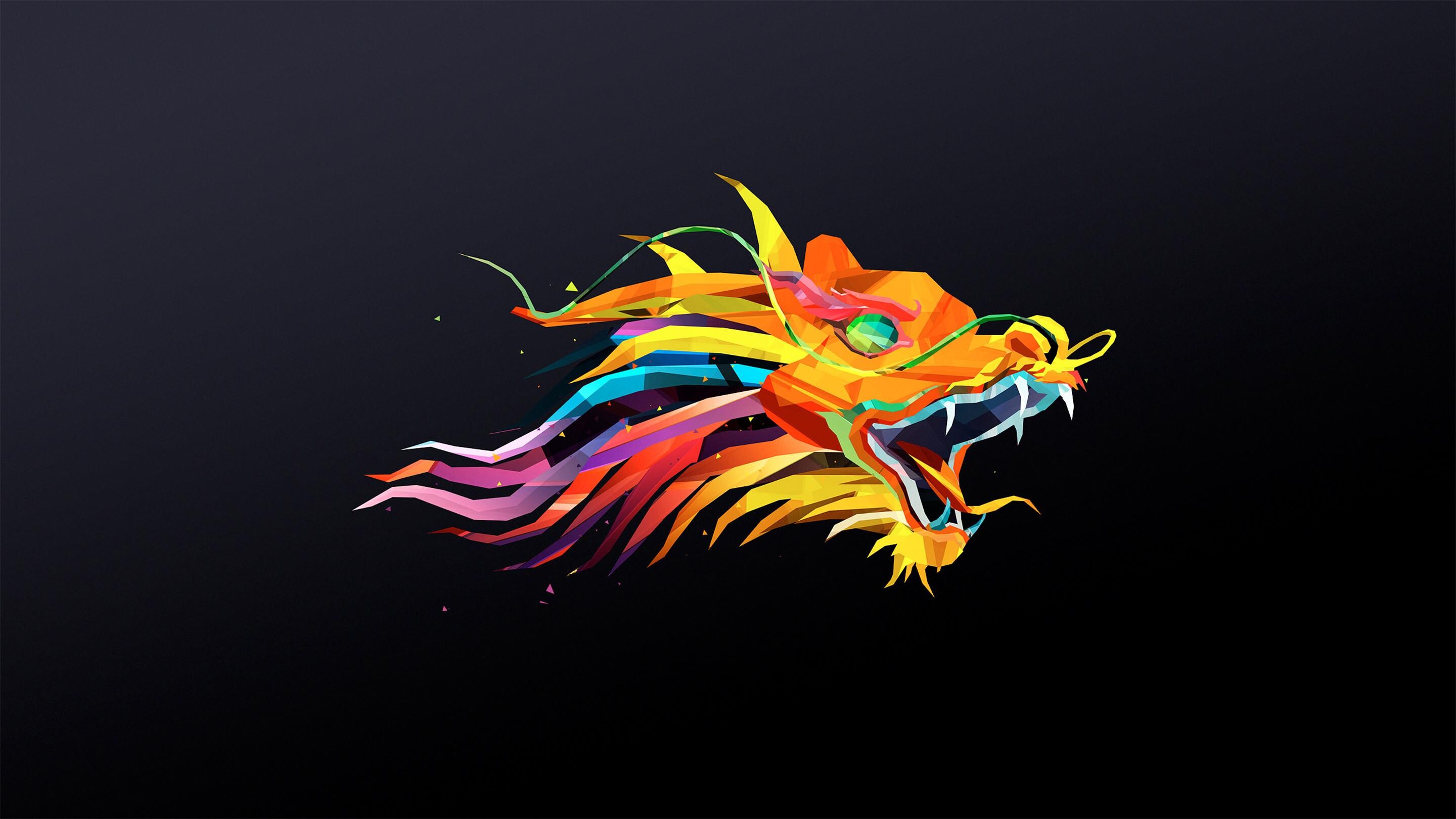 Geometric Animal: Dragon polygonal vector drawing, Colorful dragon head in pop art style. 2880x1620 HD Background.