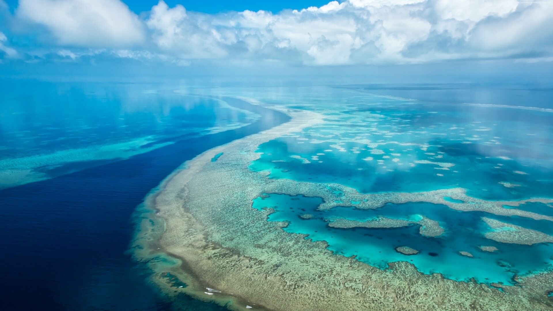 Great Barrier Reef: A distinct feature of the East Australian Cordillera division, Aerial view. 1920x1080 Full HD Background.