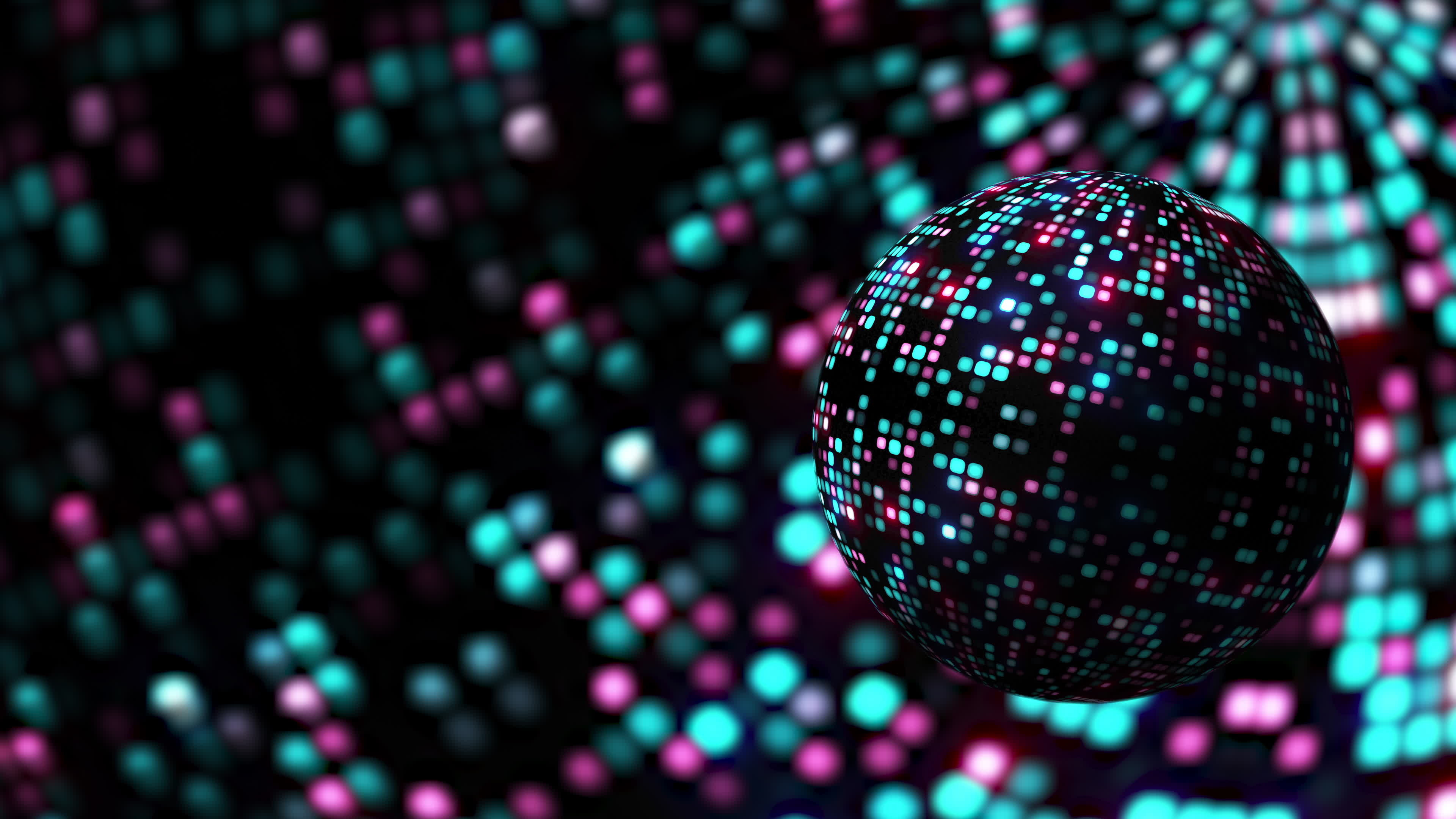 Disco: Glowing neon disco ball, Reflecting light directed at it in many directions. 3840x2160 4K Wallpaper.