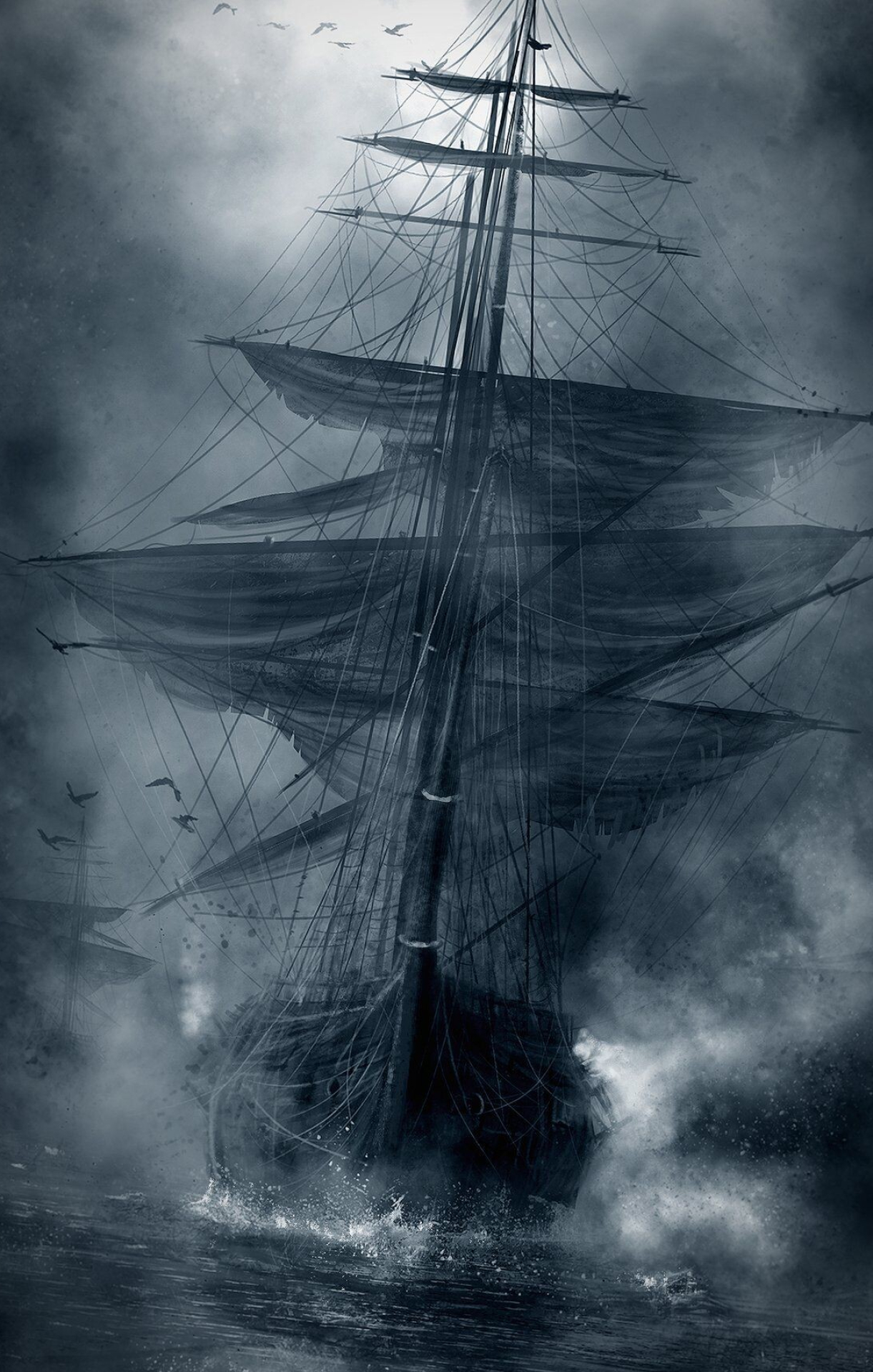 Ghost Ship: A shipwreck at the coast of the ocean, The front part of a commercial vessel. 1230x1920 HD Background.