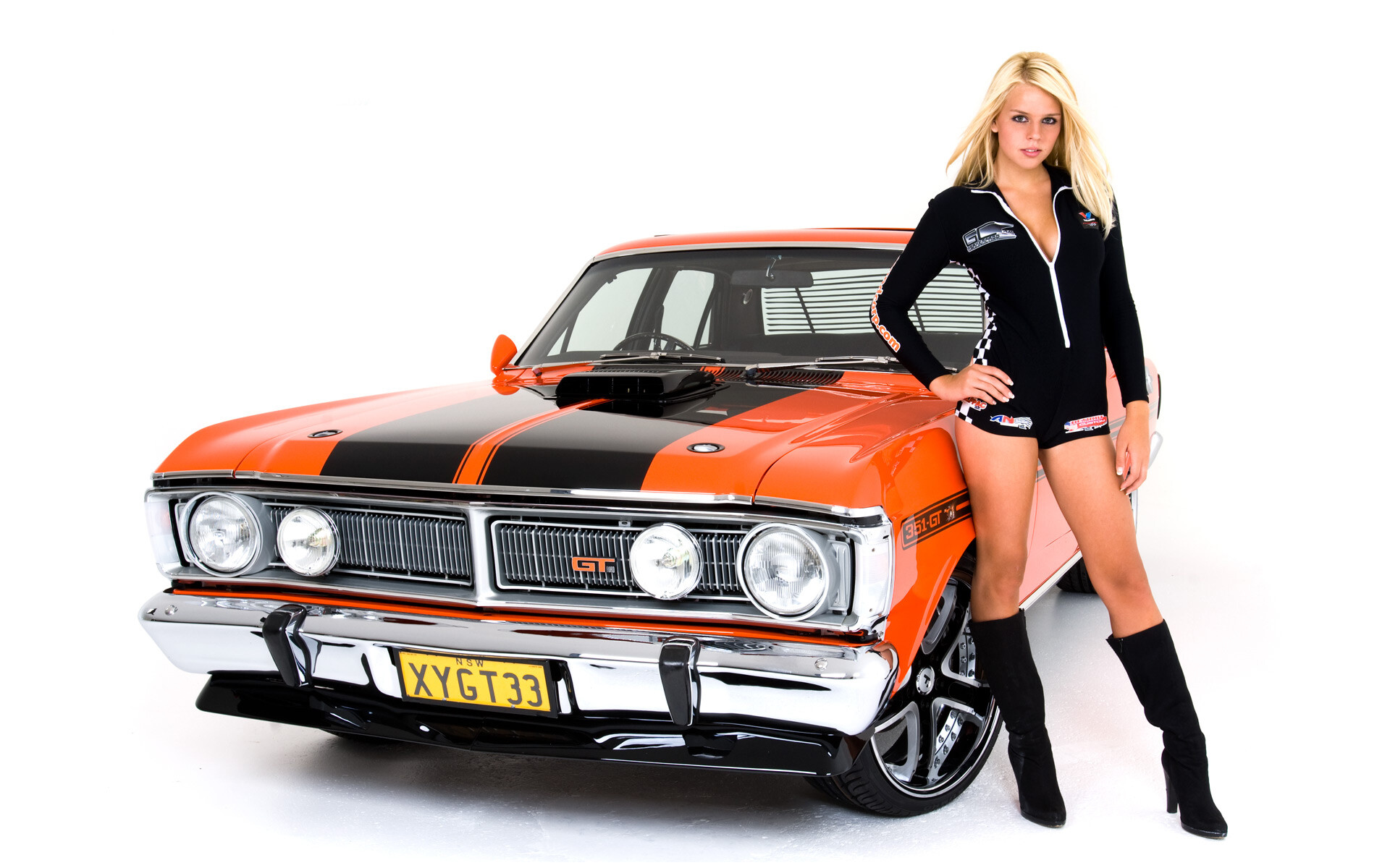 Girls and Muscle Cars: 1972 Ford Falcon 351 GT, An automobile produced by Ford Australia, Grille, Sports sedan. 1920x1200 HD Wallpaper.