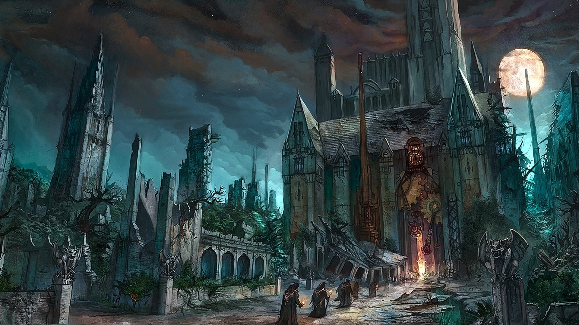Gothic Art: Dark fantasy, Monks, Cathedral, Gargoyles, Ruins, Full moon night. 1920x1080 Full HD Background.