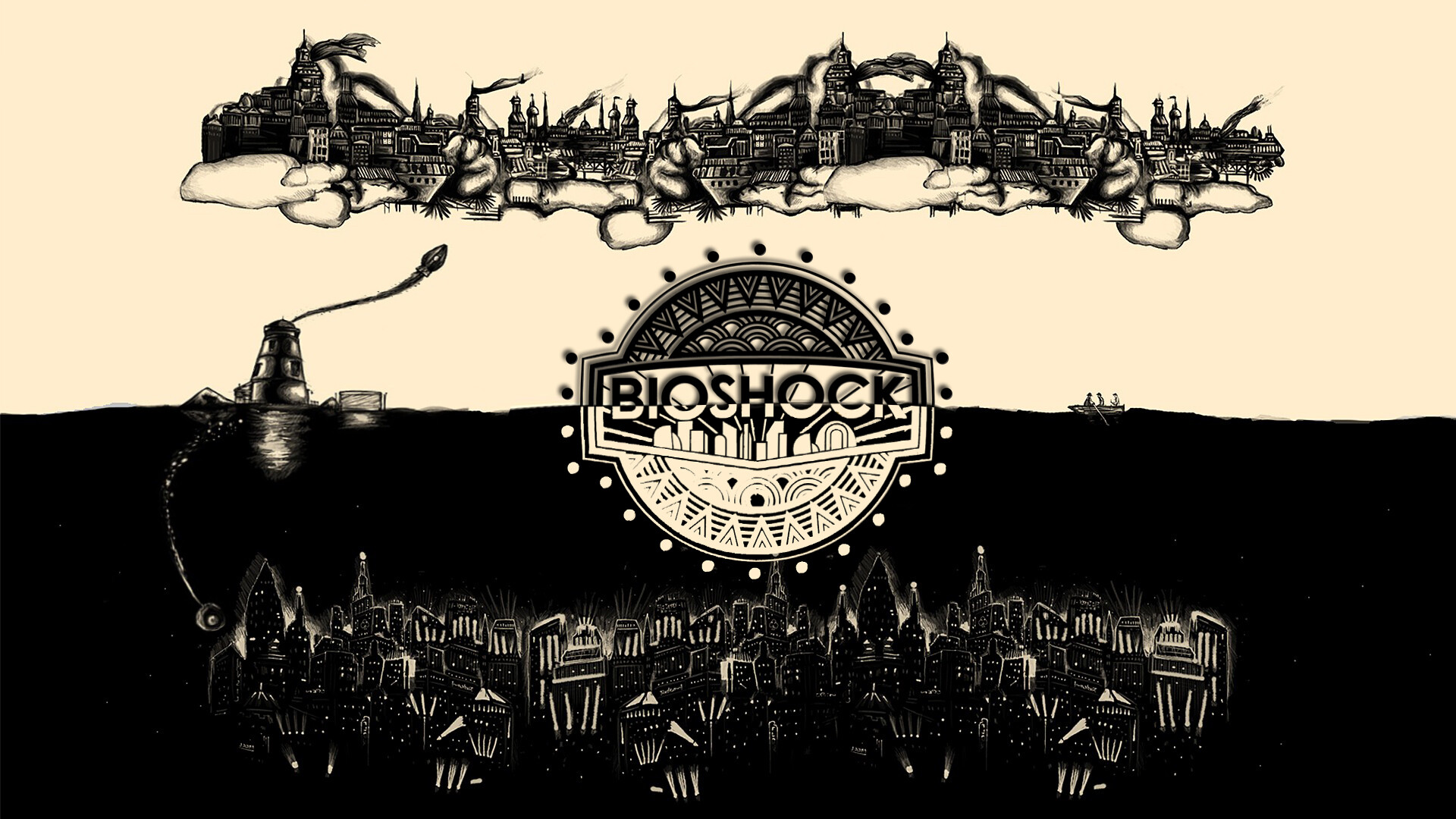 BioShock: A retrofuturistic video game series created by Ken Levine, Black and white. 1920x1080 Full HD Background.