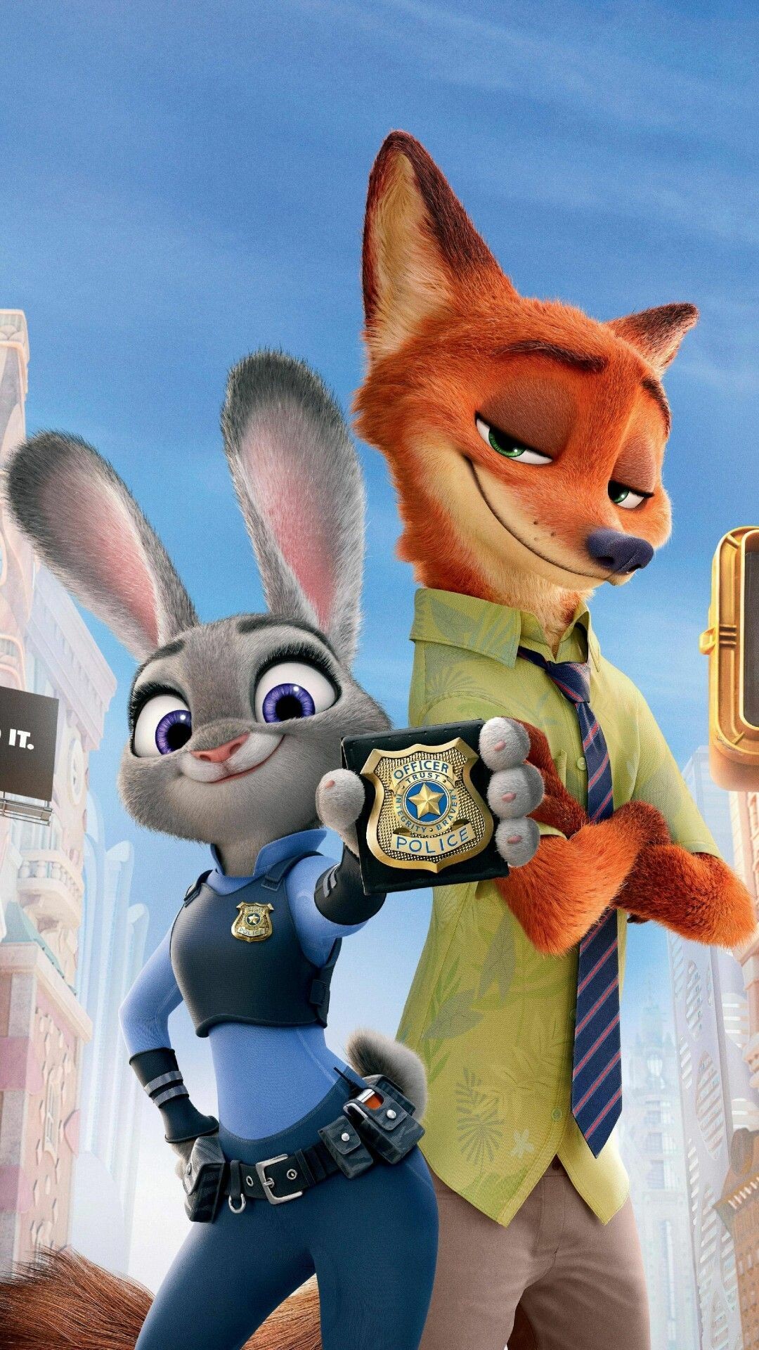 Zootopia: Disney's animated detective story about a rabbit cop, a con artist fox, and the animal-filled city. 1080x1920 Full HD Background.