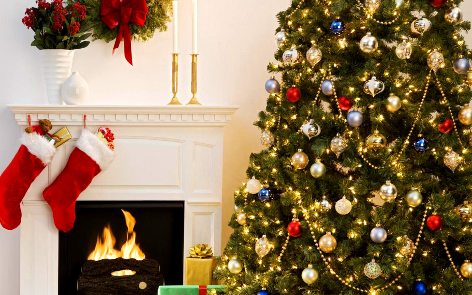 Christmas Fireplace: Holiday, Garlands, Decoration, Fire. 1920x1200 HD Wallpaper.