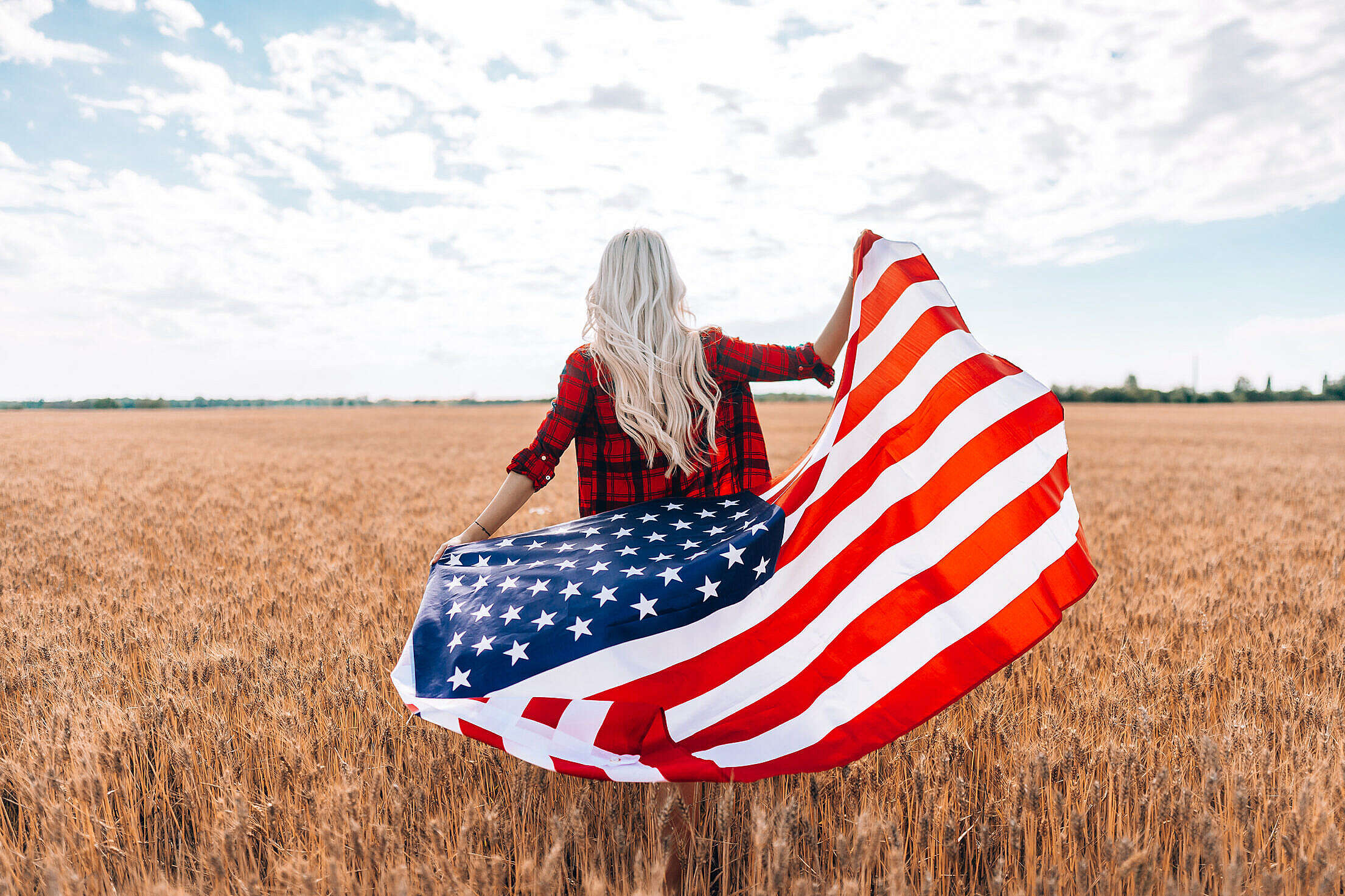 American Flag, Woman walking, Field with the flag, Free stock photo, Picjumbo, 2210x1480 HD Desktop