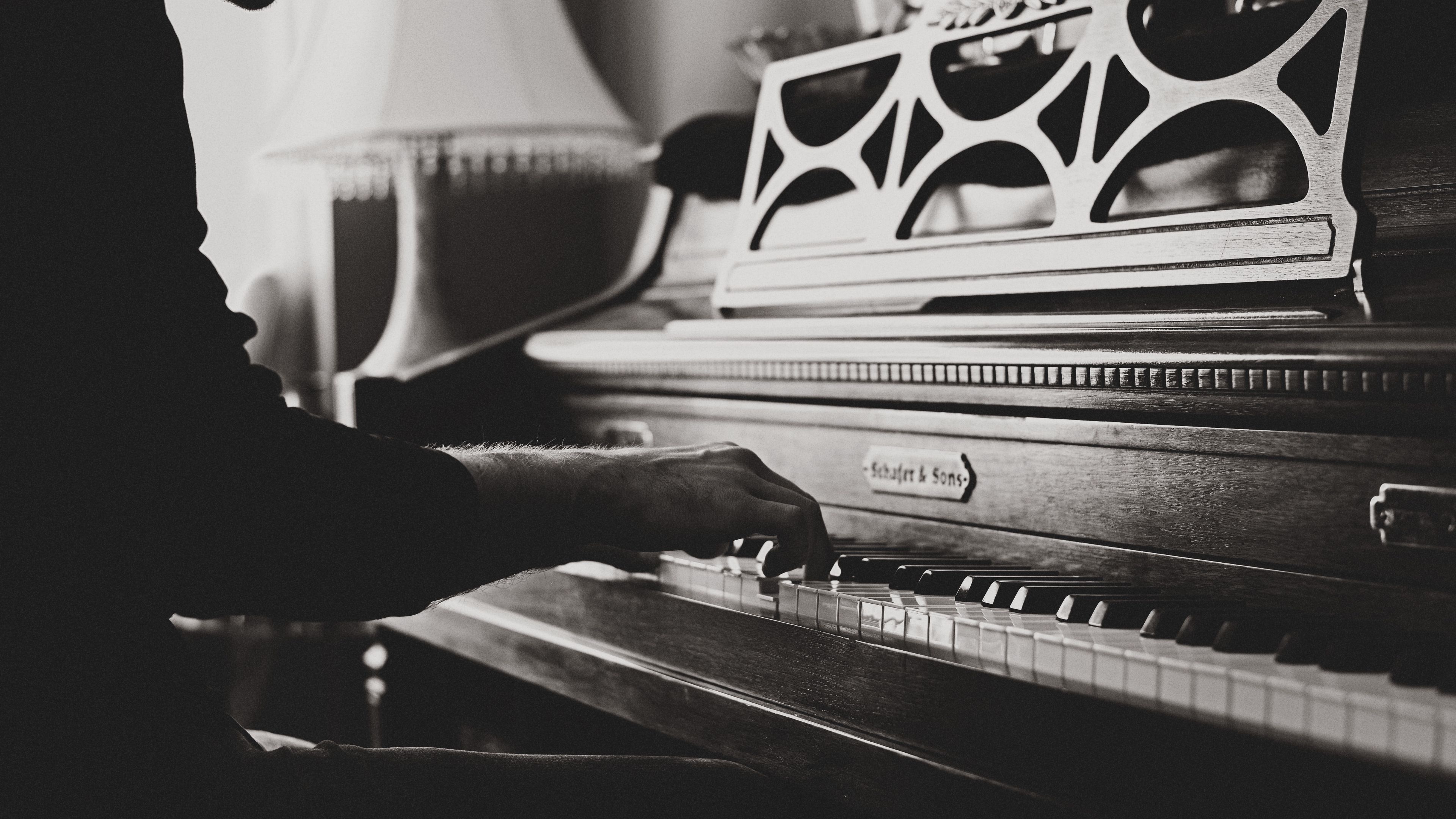 Piano: Schwartz And Sons, Black-And-White Vintage Aesthetic, Playing By Hands. 3840x2160 4K Wallpaper.