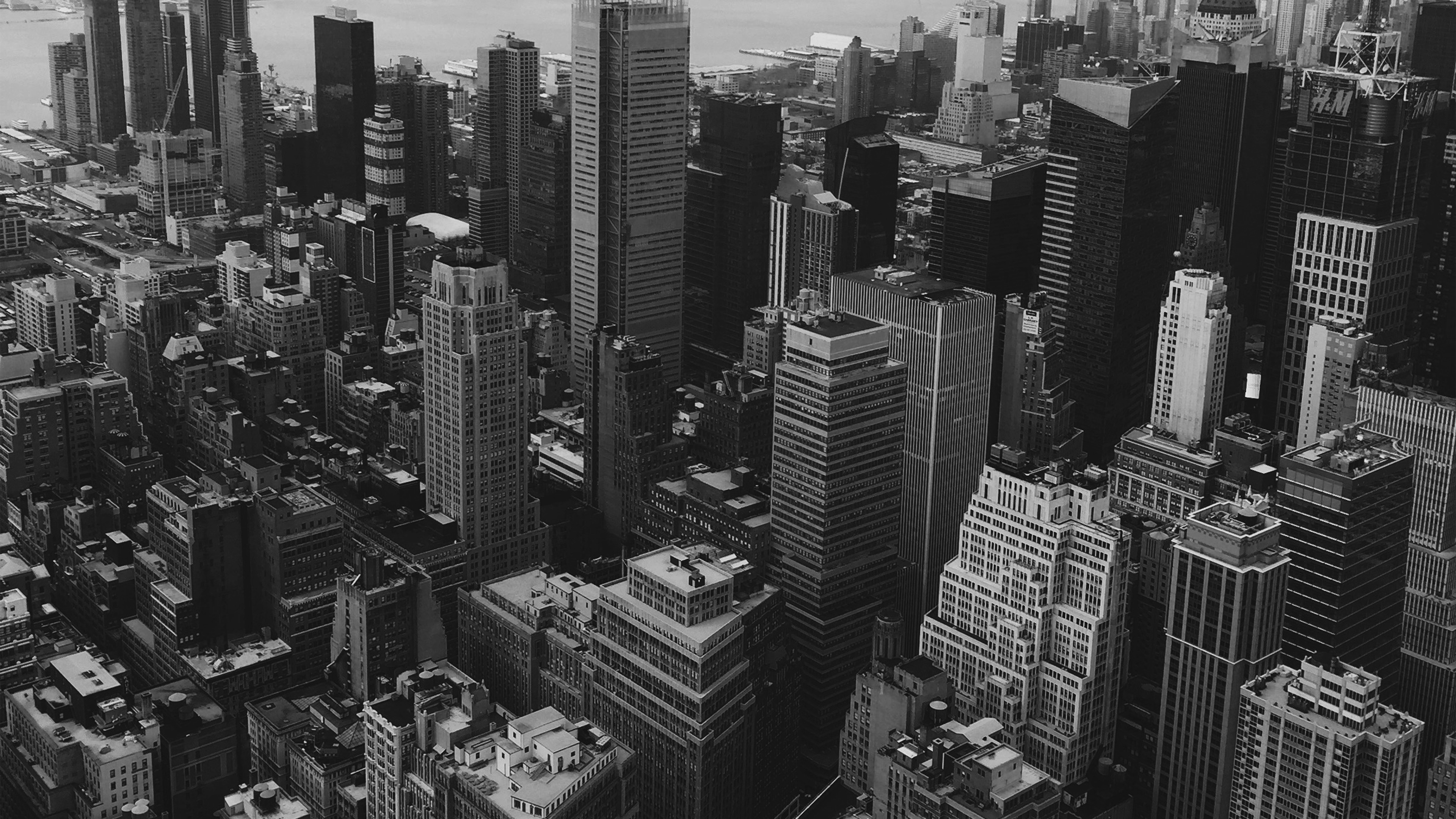 New York skyline, Black and white photography, River skyline, Dark wallpaper, 3840x2160 4K Desktop