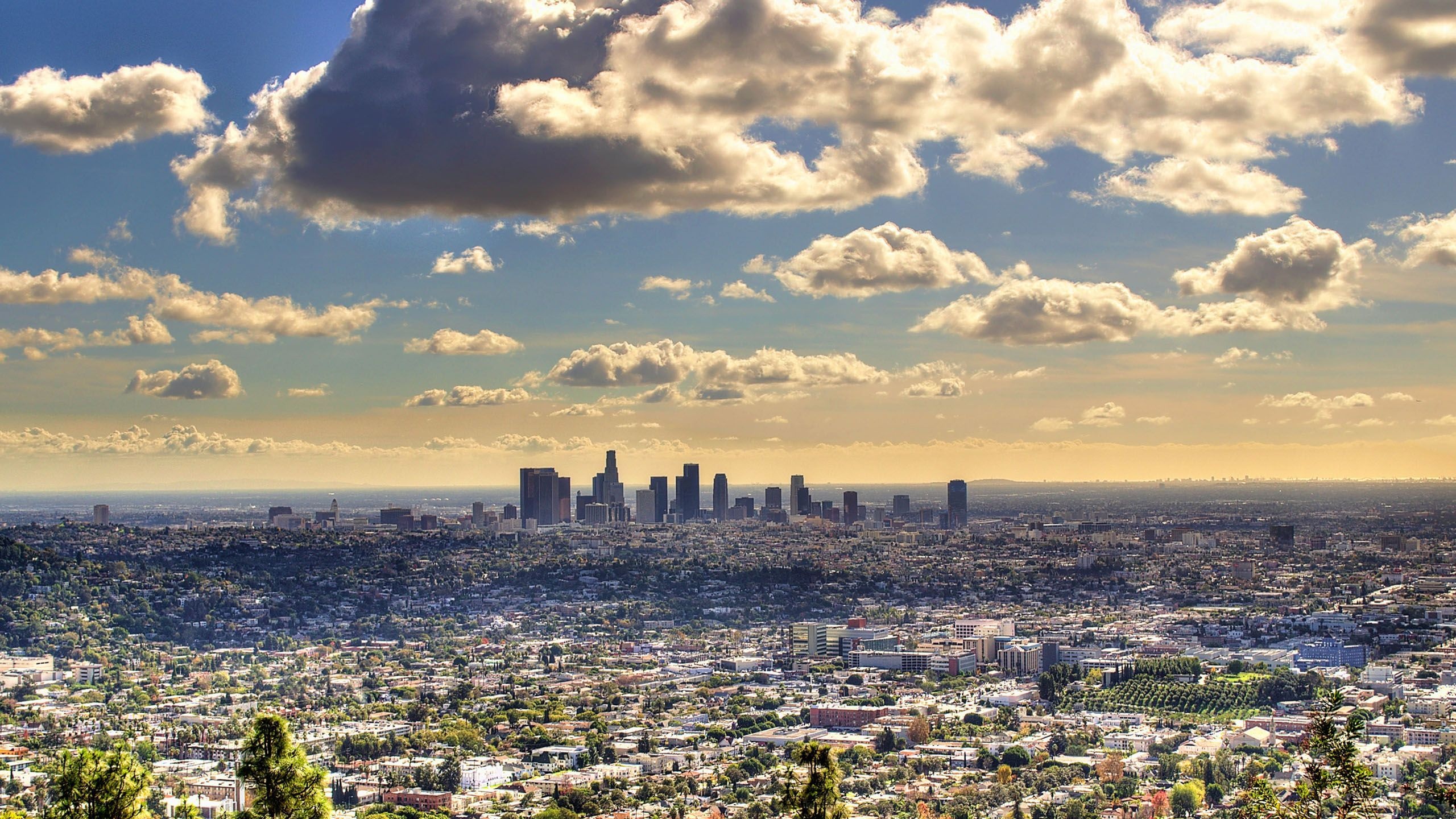 Los Angeles: Surrounded by vast mountain ranges, valleys, forests, beautiful beaches along the Pacific Ocean, and nearby desert. 2560x1440 HD Background.