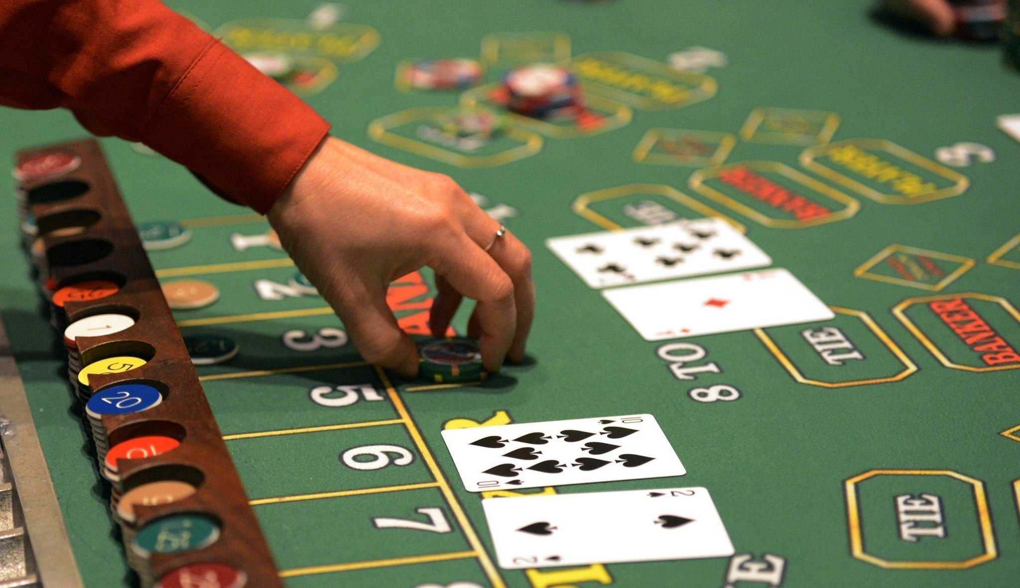 Poker: Gambling, Playing games of chance, Chip racks, Baccarat, Game played at casinos. 2050x1190 HD Background.