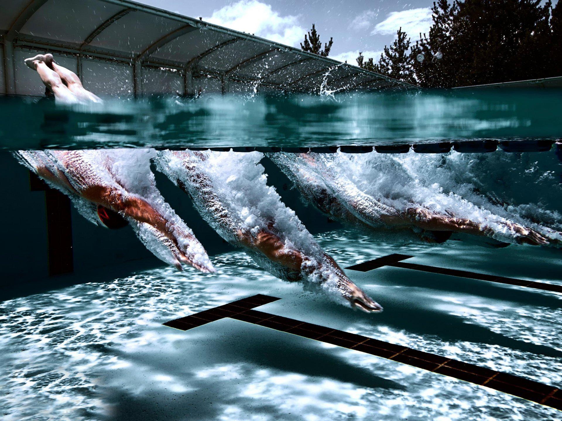 Swimming: An underwater moment after a jump, The starting point of a water race sports discipline. 1920x1440 HD Wallpaper.