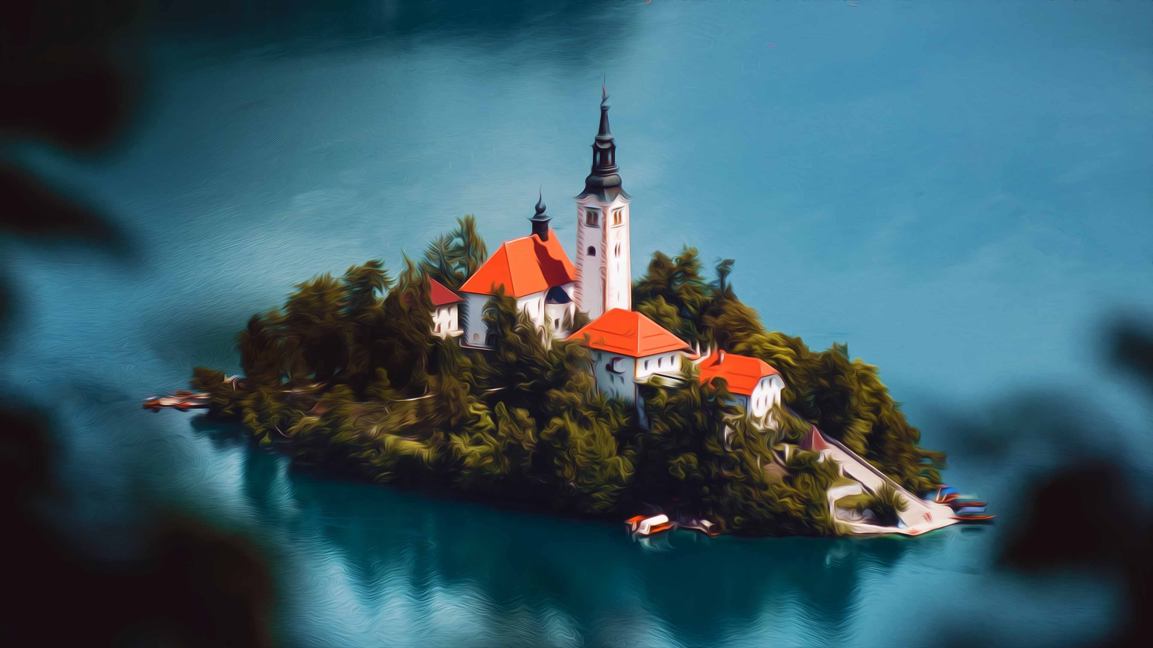 Lake Bled, Isle and buildings, Oil painting, 4K wallpaper, 3840x2160 4K Desktop