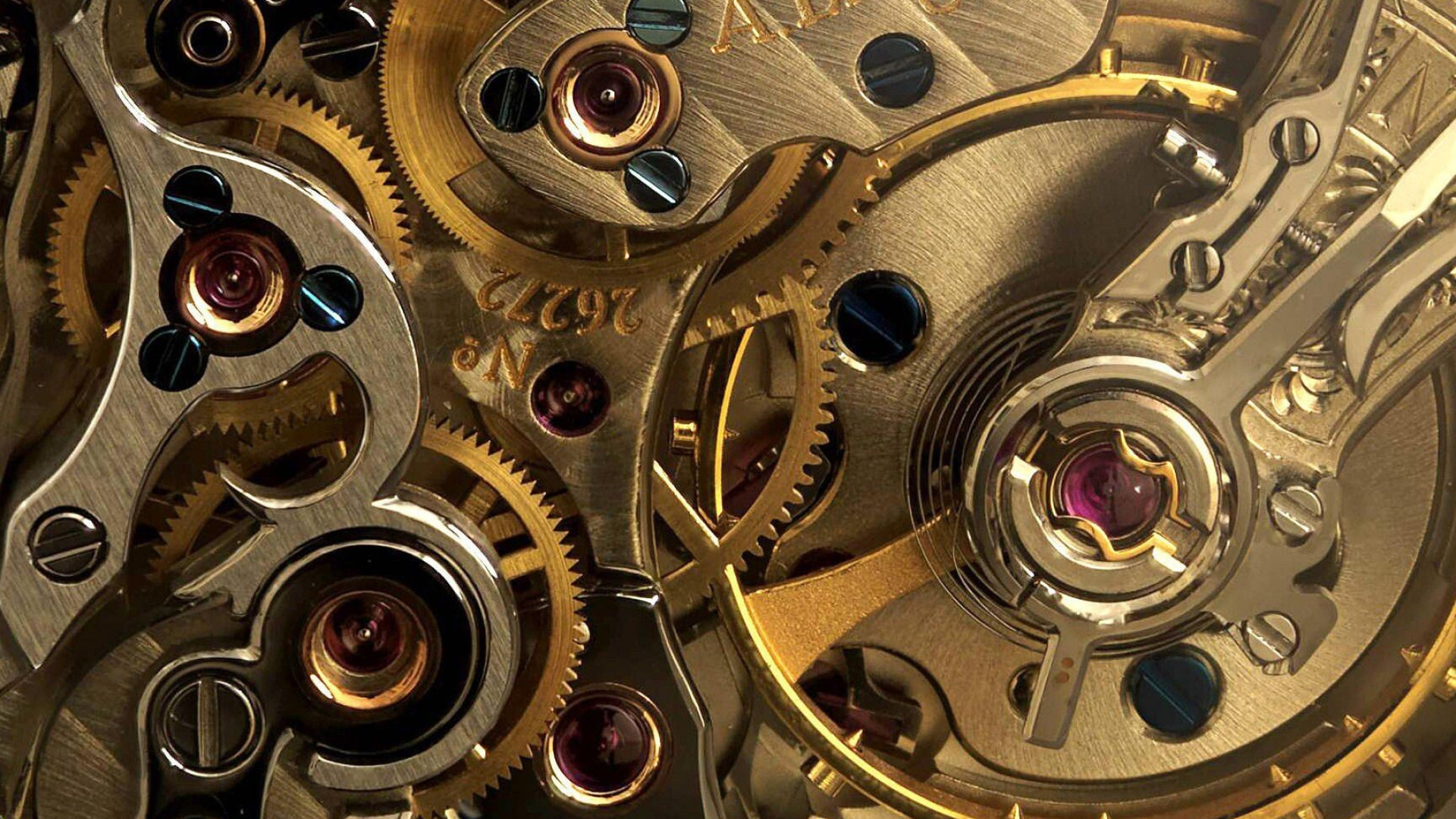 Gear: Clock mechanism, A toothed wheel designed to mesh with another toothed wheel. 1920x1080 Full HD Wallpaper.