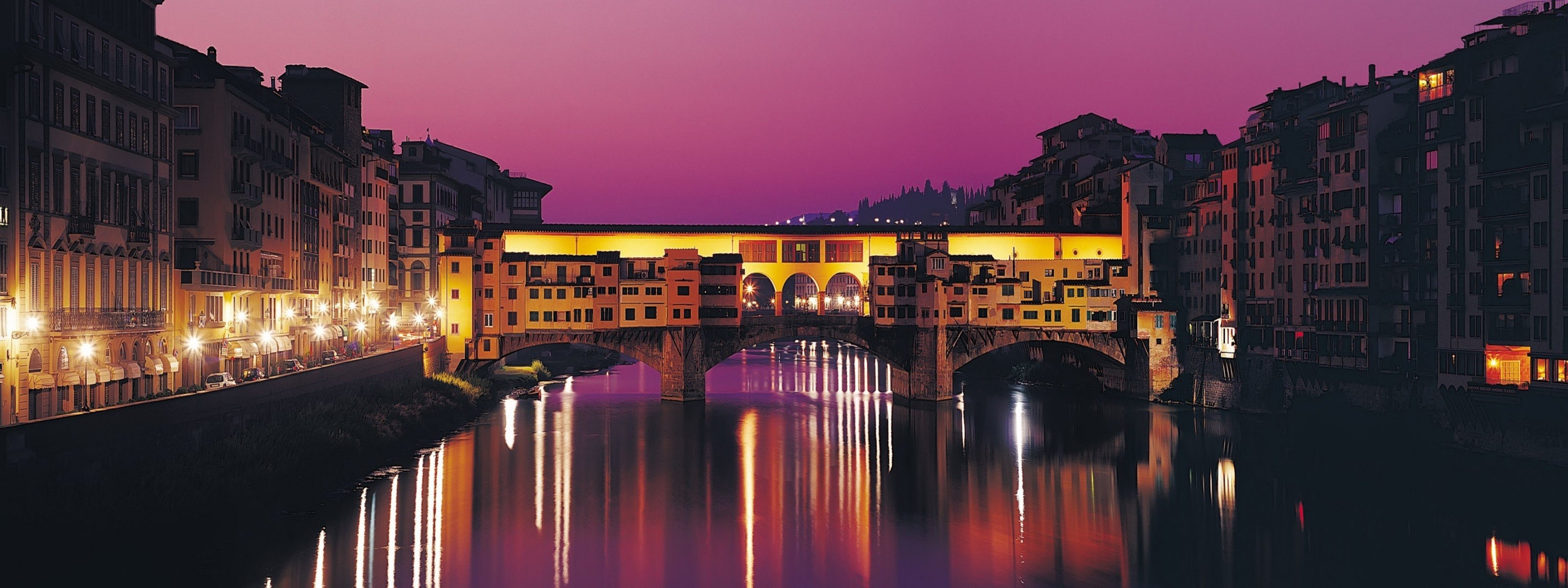 Ponte Vecchio, Bridges of Italy, Florence, Stunning reflections, 3200x1200 Dual Screen Desktop