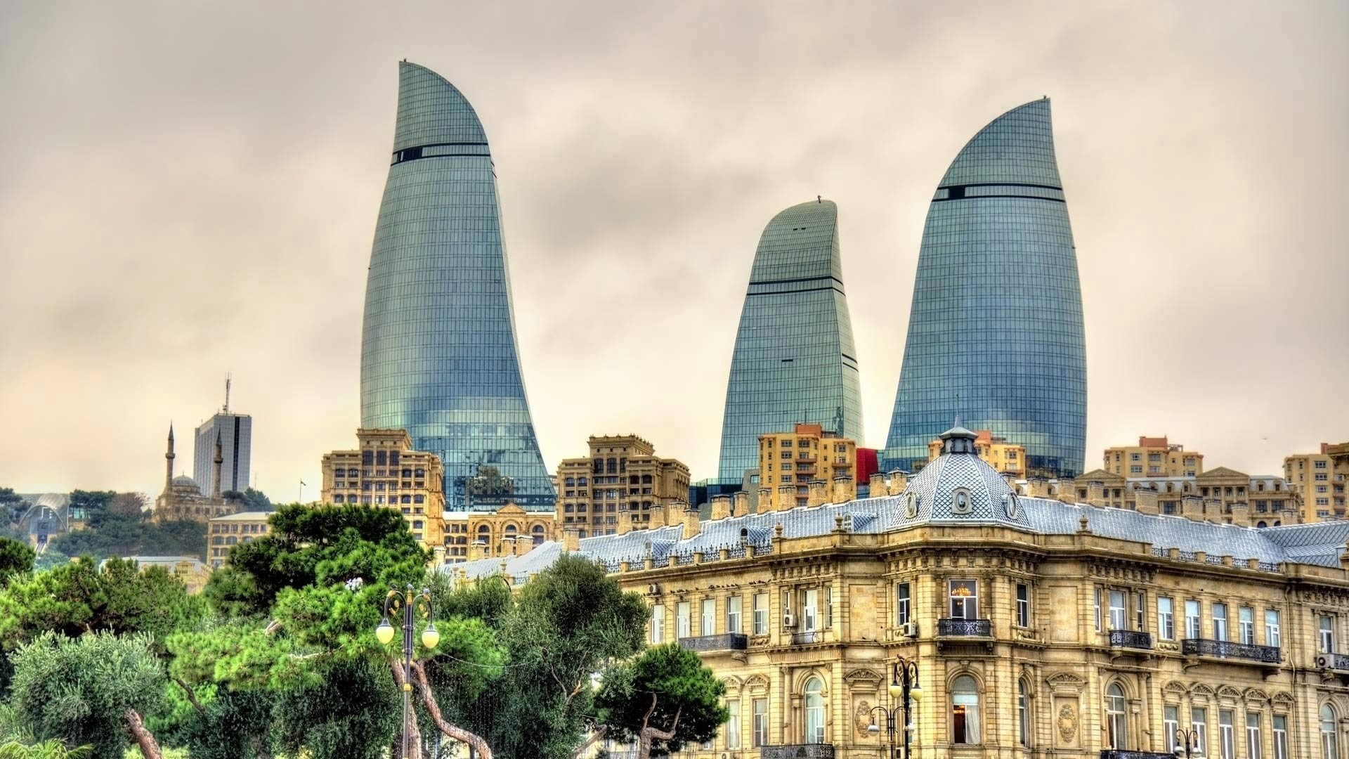 Azerbaijan: Baku, Skyscrapers, Flame Towers. 1920x1080 Full HD Wallpaper.
