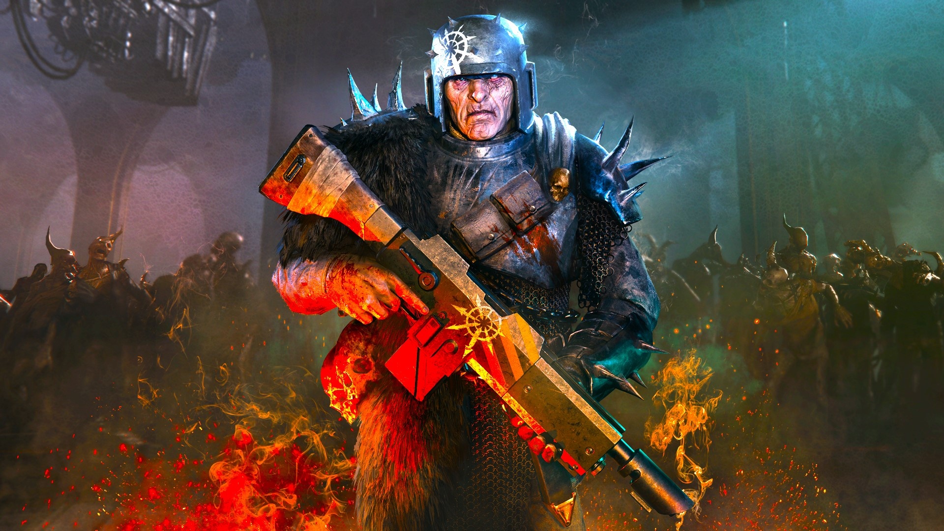 Warhammer 40 000: Darktide: A 50/50 split between melee and ranged combat in 2022 40K video game. 1920x1080 Full HD Background.