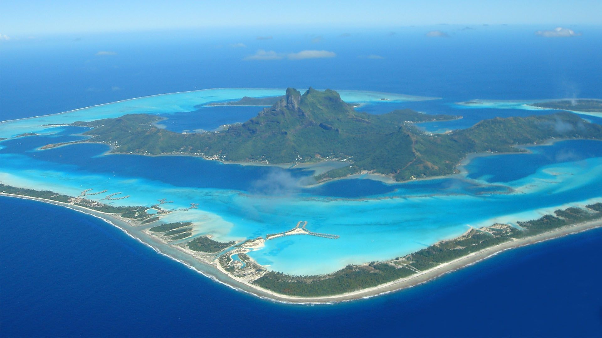 Bora Bora: The island, located about 230 kilometers northwest of Papeete. 1920x1080 Full HD Background.