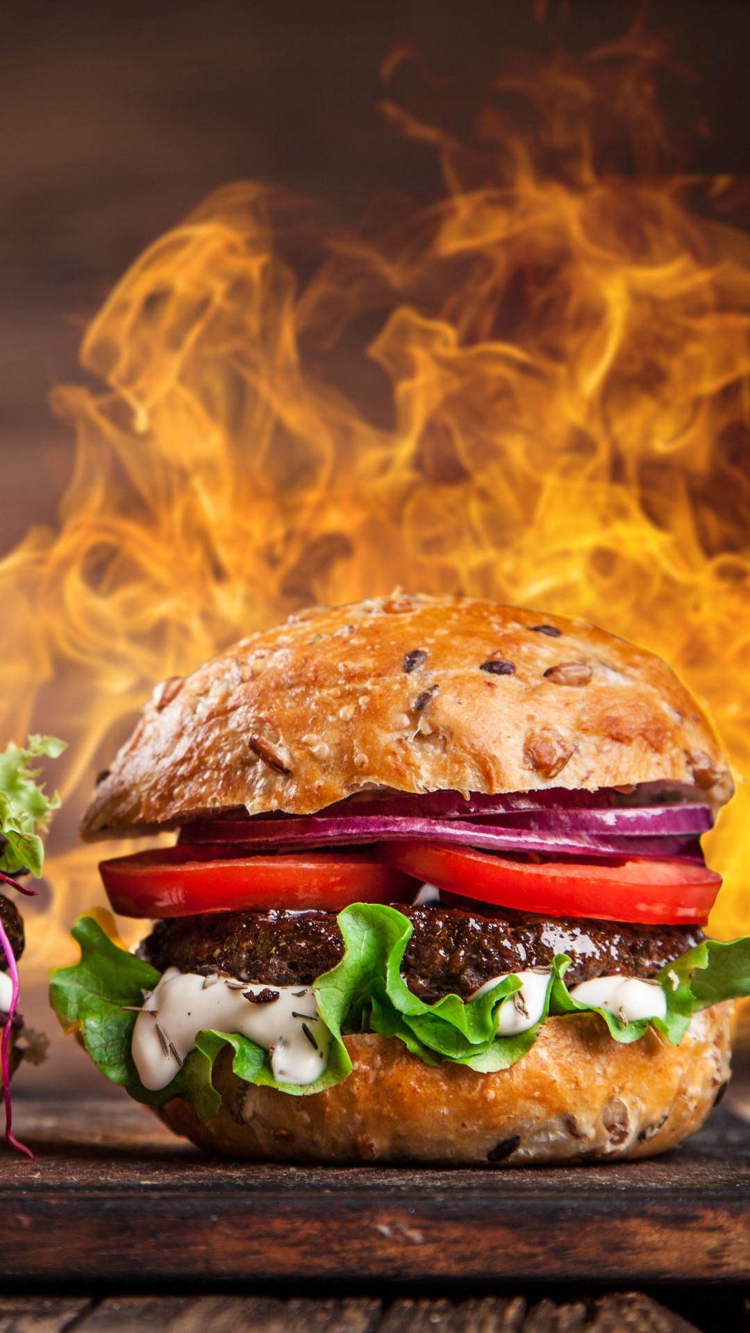 Hamburger: Cooked outdoors on barbecue grills, Onions, Tomato. 1080x1920 Full HD Background.