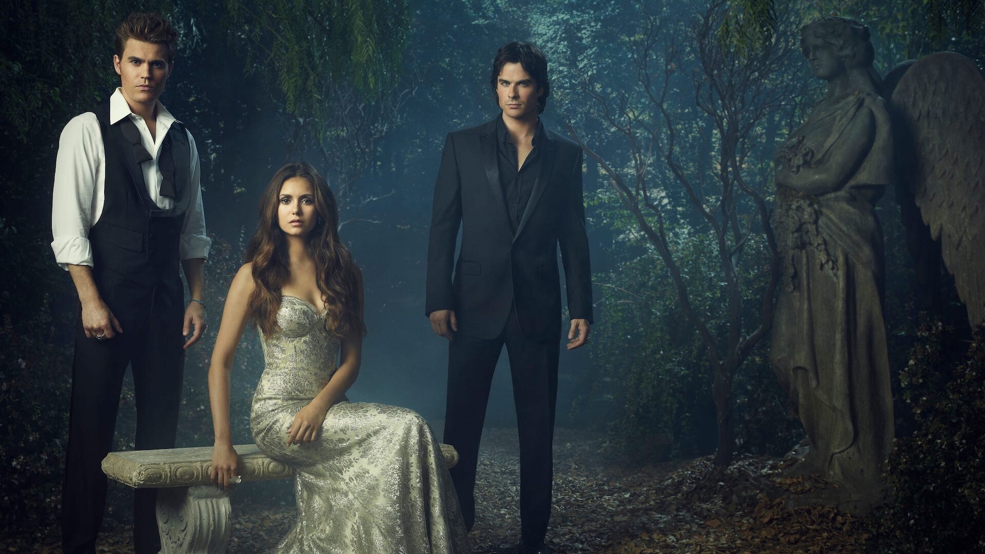 The Vampire Diaries (TV Series): Main Characters Trio, Graveyard In The Town Charged With Supernatural History. 1920x1080 Full HD Background.