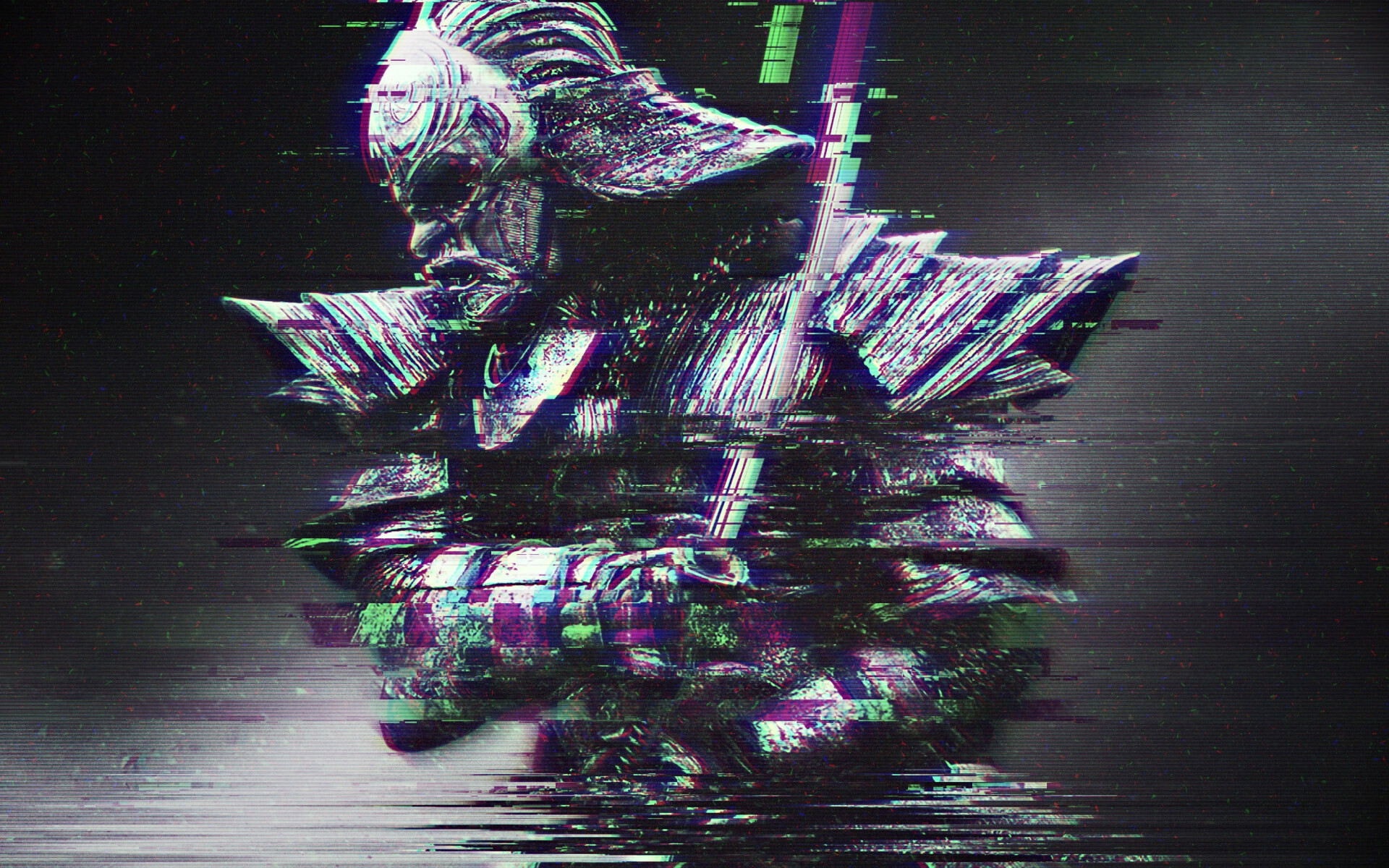 Glitch: Samurai warrior Digital art, Abstract, Distortion, Compression artifacts. 1920x1200 HD Wallpaper.