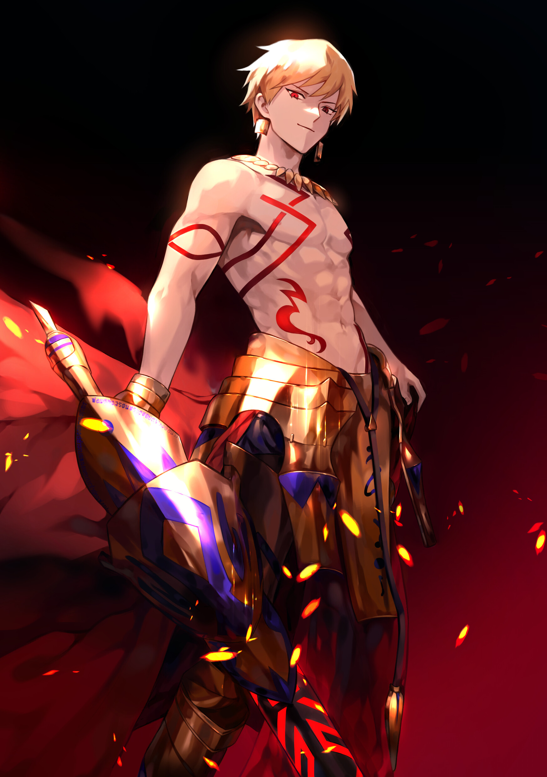 Gilgamesh (Fate/Zero): The mankind's oldest hero, The origin of all myths, A dignified man with golden hair standing up like a blazing flame. 1750x2480 HD Background.