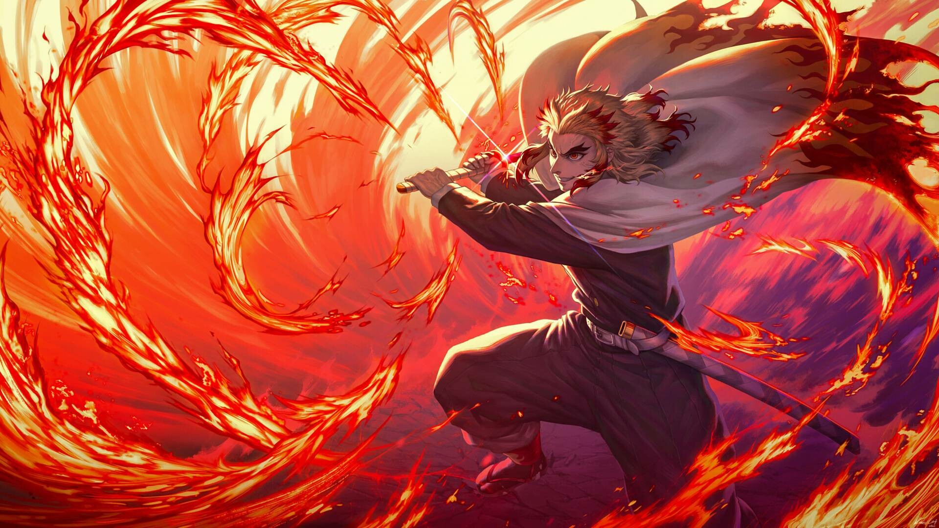 Demon Slayer: Kimetsu no Yaiba: Kyojuro Rengoku, Flame Hashira, Fictional character. 1920x1080 Full HD Wallpaper.