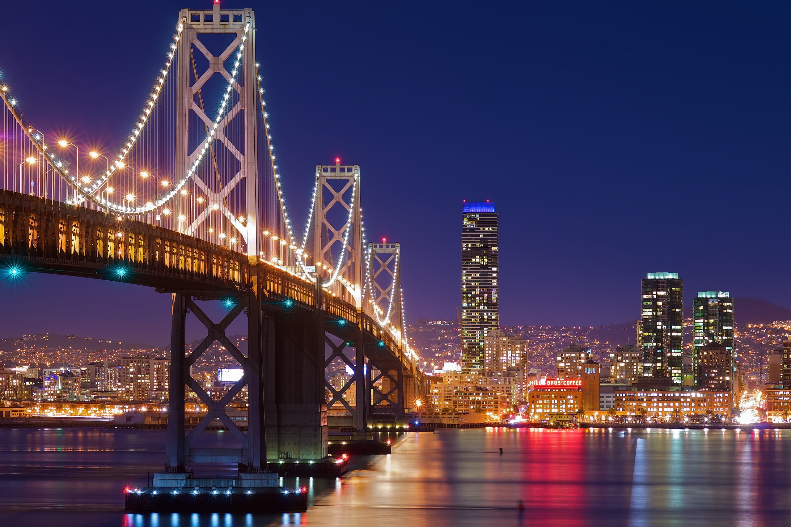 Oakland Skyline, Nighttime bridge view, Travelling cityscape, Beautiful photo, 2560x1710 HD Desktop