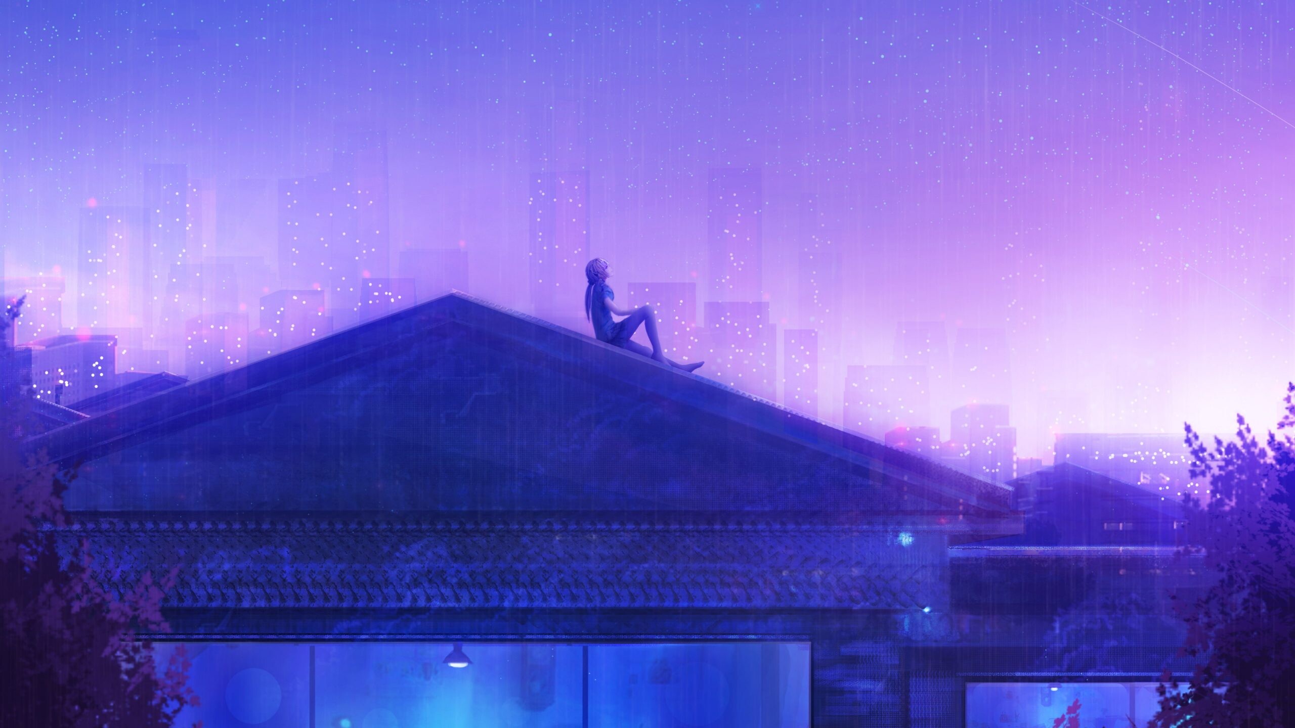 Girly: The night city view from the roof, The girl sitting and watching the stars in the night sky. 2560x1440 HD Wallpaper.