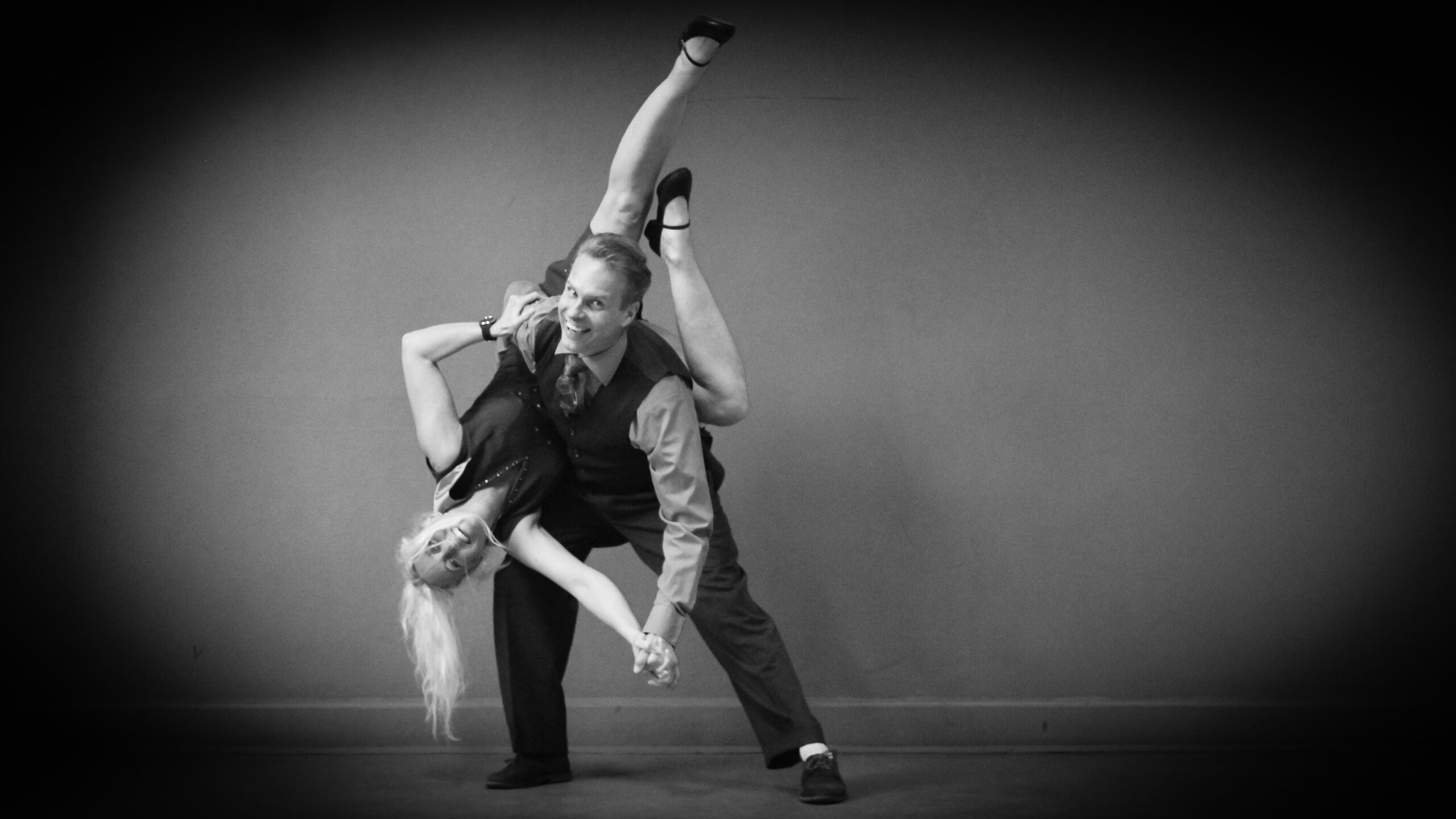 Swing Dance: Kenny Nelson, Acrobatic Rock'n'Roll Moves, Competitive Form Of Partner Dance, Charleston, Black and White. 2560x1440 HD Wallpaper.