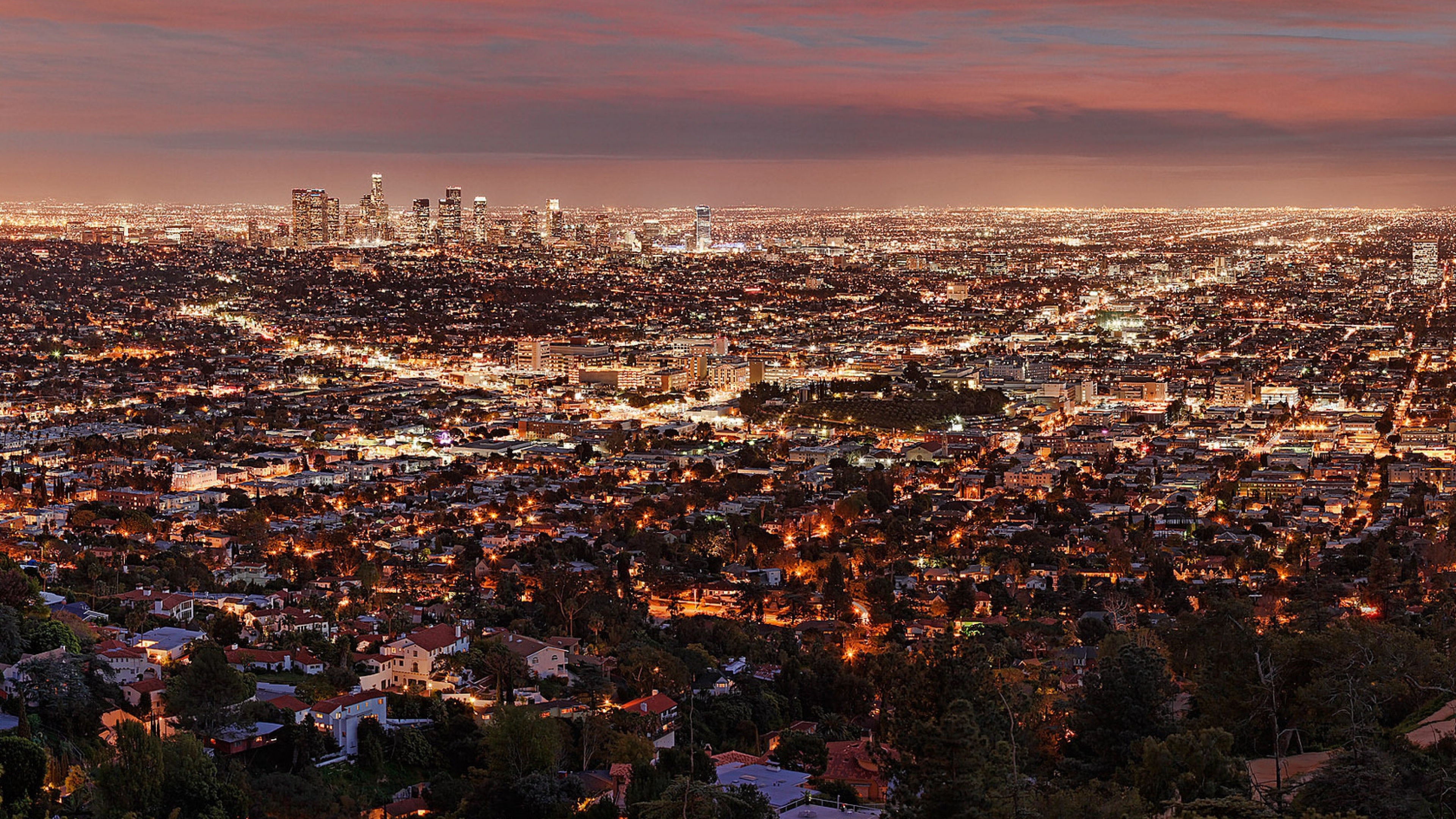 Los Angeles: LA, Night city lights, View from above. 3840x2160 4K Wallpaper.