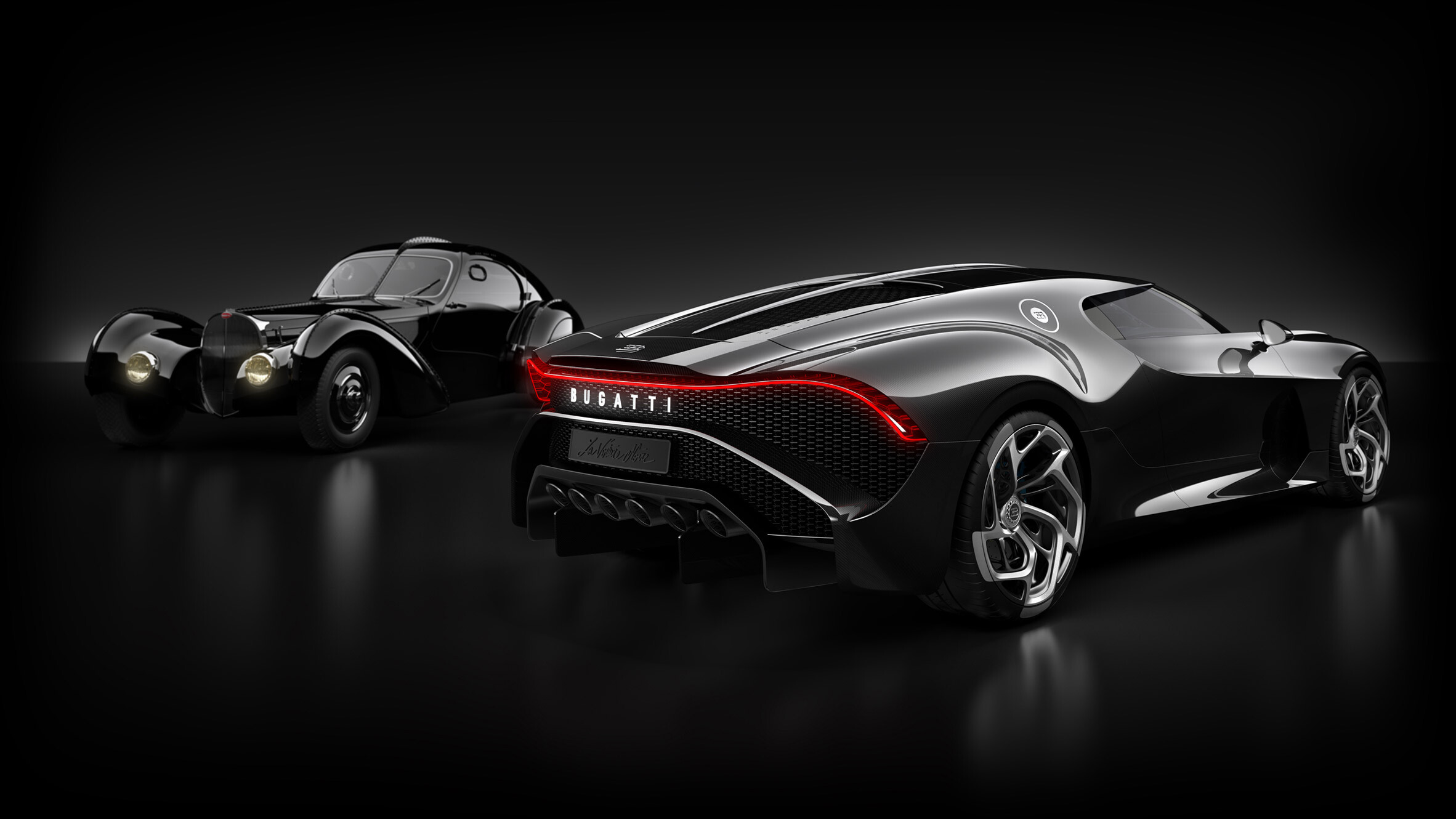 Bugatti La Voiture Noire: A trim piece running from the front of the car to the rear spoiler recalls the dorsal fin present on the Type 57 SC. 2370x1330 HD Background.