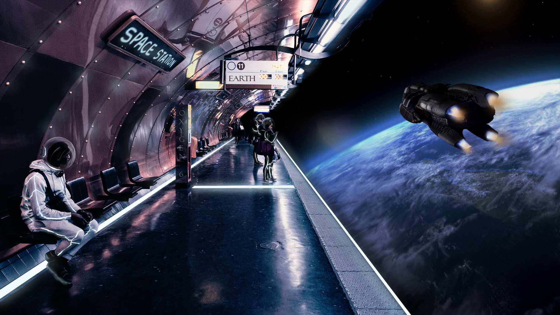 Space Tourism: Science fiction, Travel through the galaxy, Interstellar trip. 1920x1080 Full HD Background.