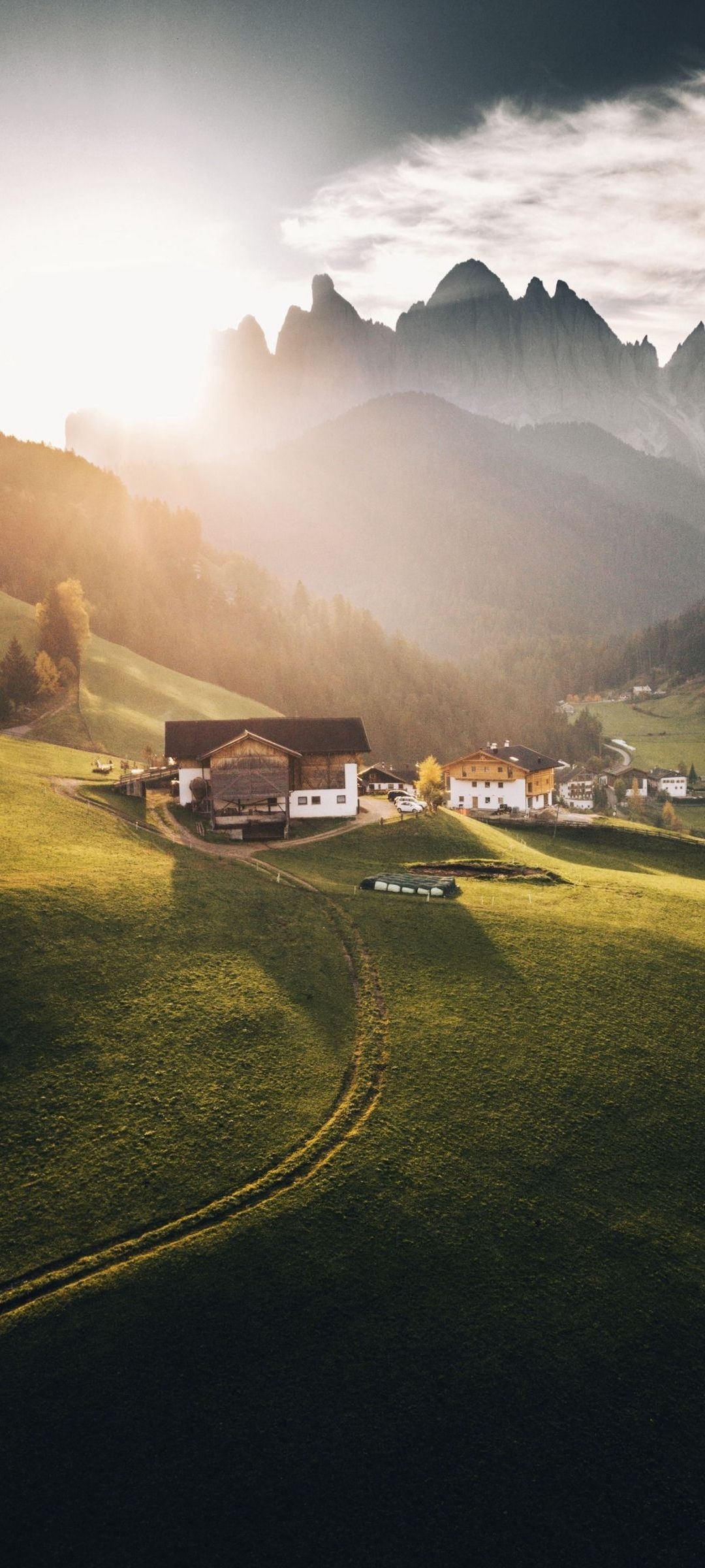 Landscape: A small village in the valley near the Dolomites, Northeastern Italy. 1080x2400 HD Background.