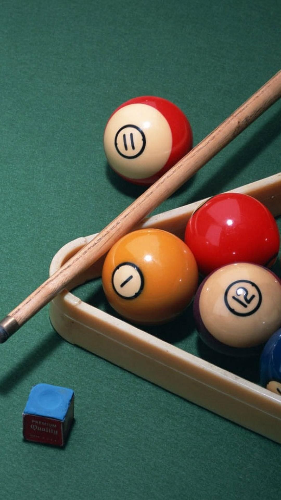 Billiards: Retro-style eight-ball game equipment, A cue stick, Object balls in a rack, A cue chalk. 1080x1920 Full HD Wallpaper.