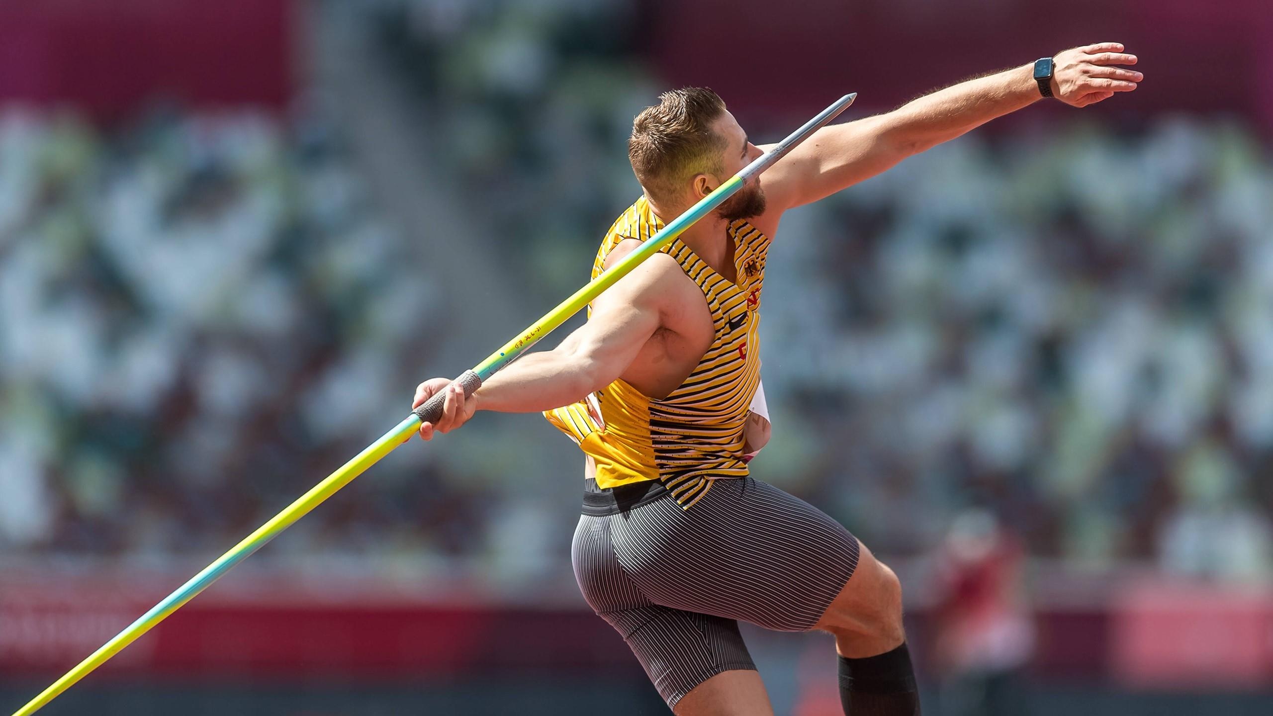 Javelin Throw: Johannes Vetter, Tokyo 2020 Summer Olympics, Track and field athletics. 2560x1440 HD Background.