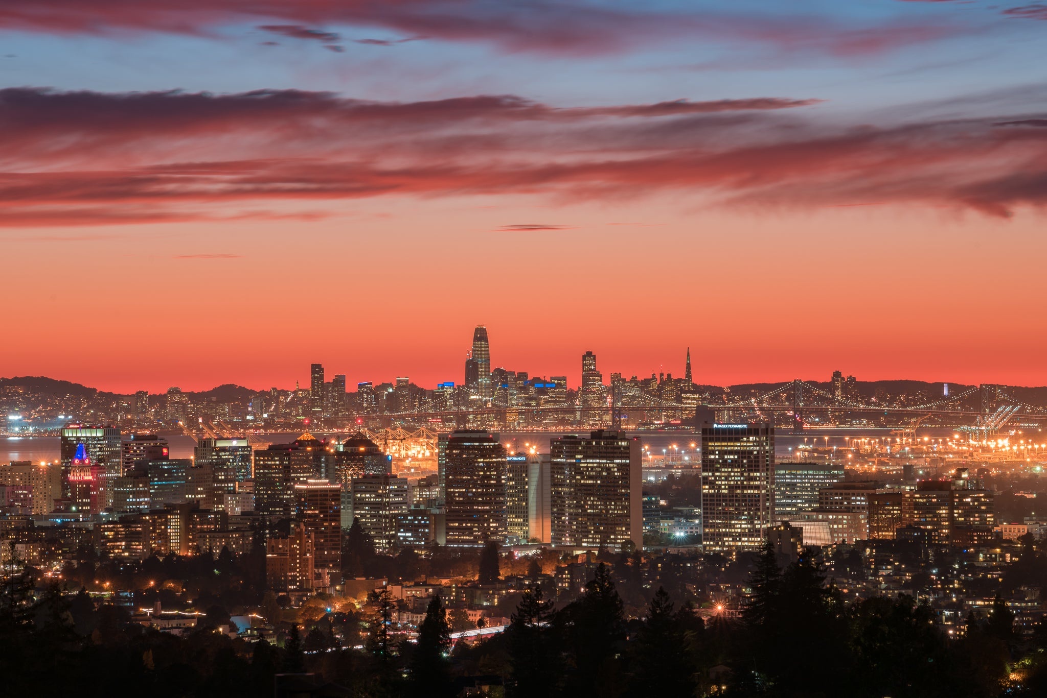 Oakland and San Francisco skyline, Stunning sunset, Iconic cities, Aerial photography, 2050x1370 HD Desktop