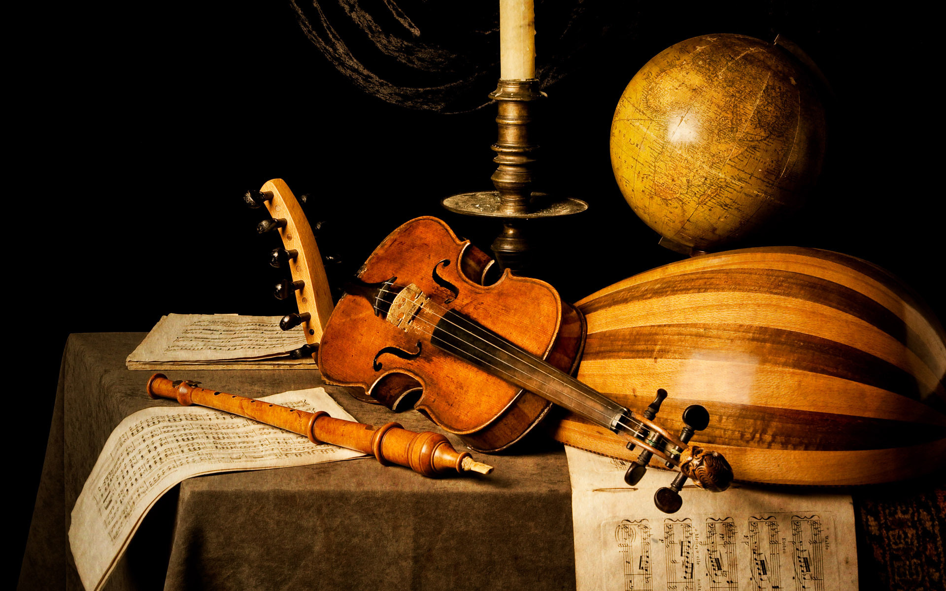 Musical Instruments: Instruments used in classical music: strings, woodwind, brass, percussion. 1920x1200 HD Background.