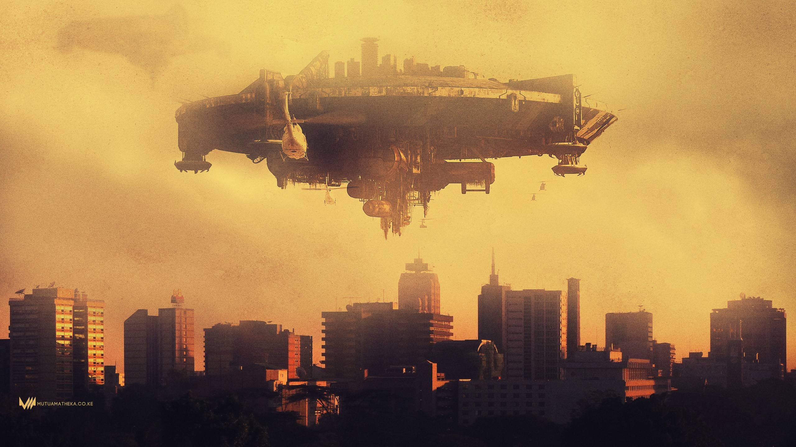 District 9: The story, which explores themes of humanity, xenophobia, and social segregation, begins in an alternate 1982 when an alien spaceship appears over Johannesburg, South Africa. 2560x1440 HD Wallpaper.