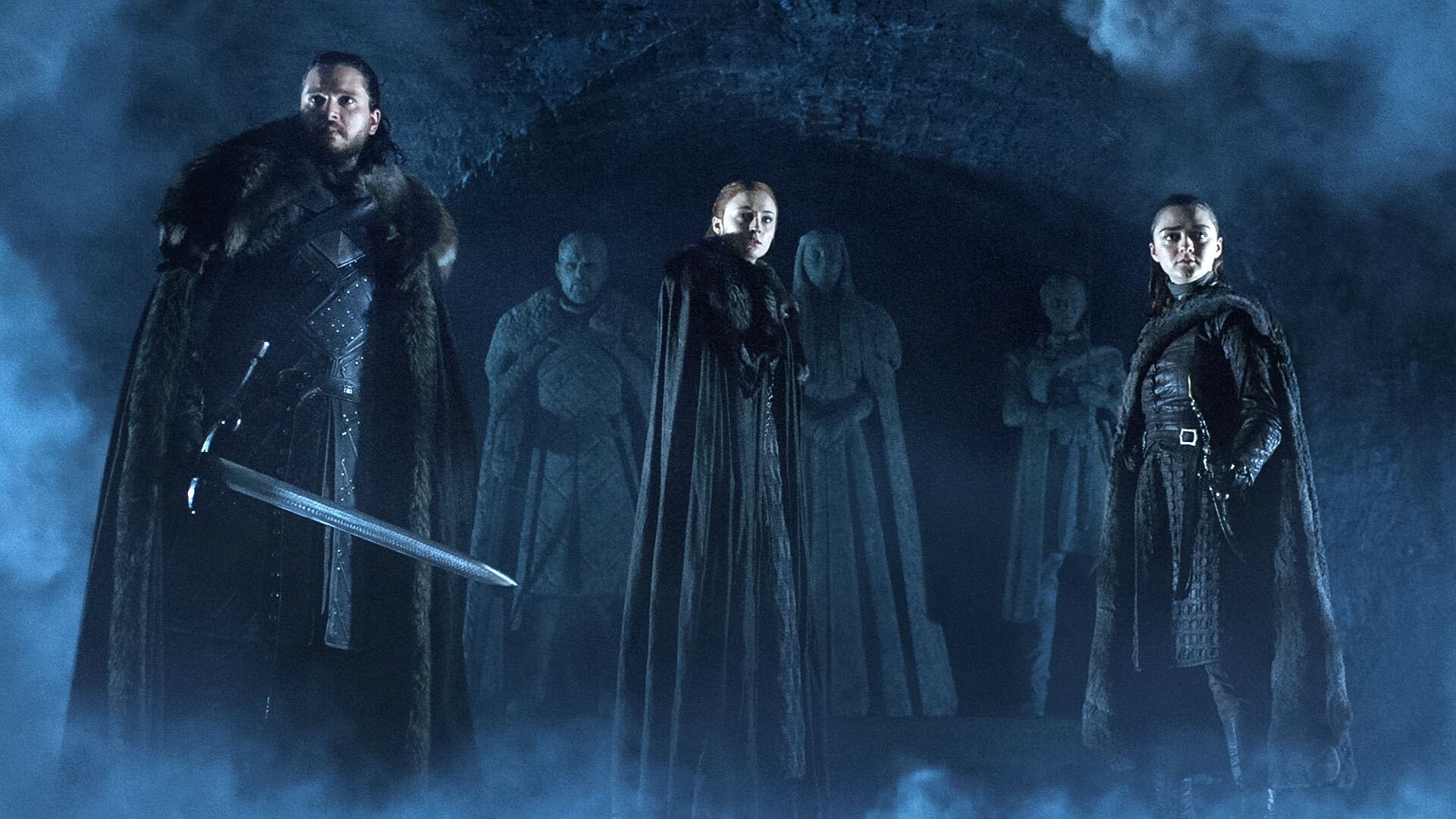 Game of Thrones: Season 8, Jon Snow, Sansa Stark, and Arya Stark. 1920x1080 Full HD Wallpaper.