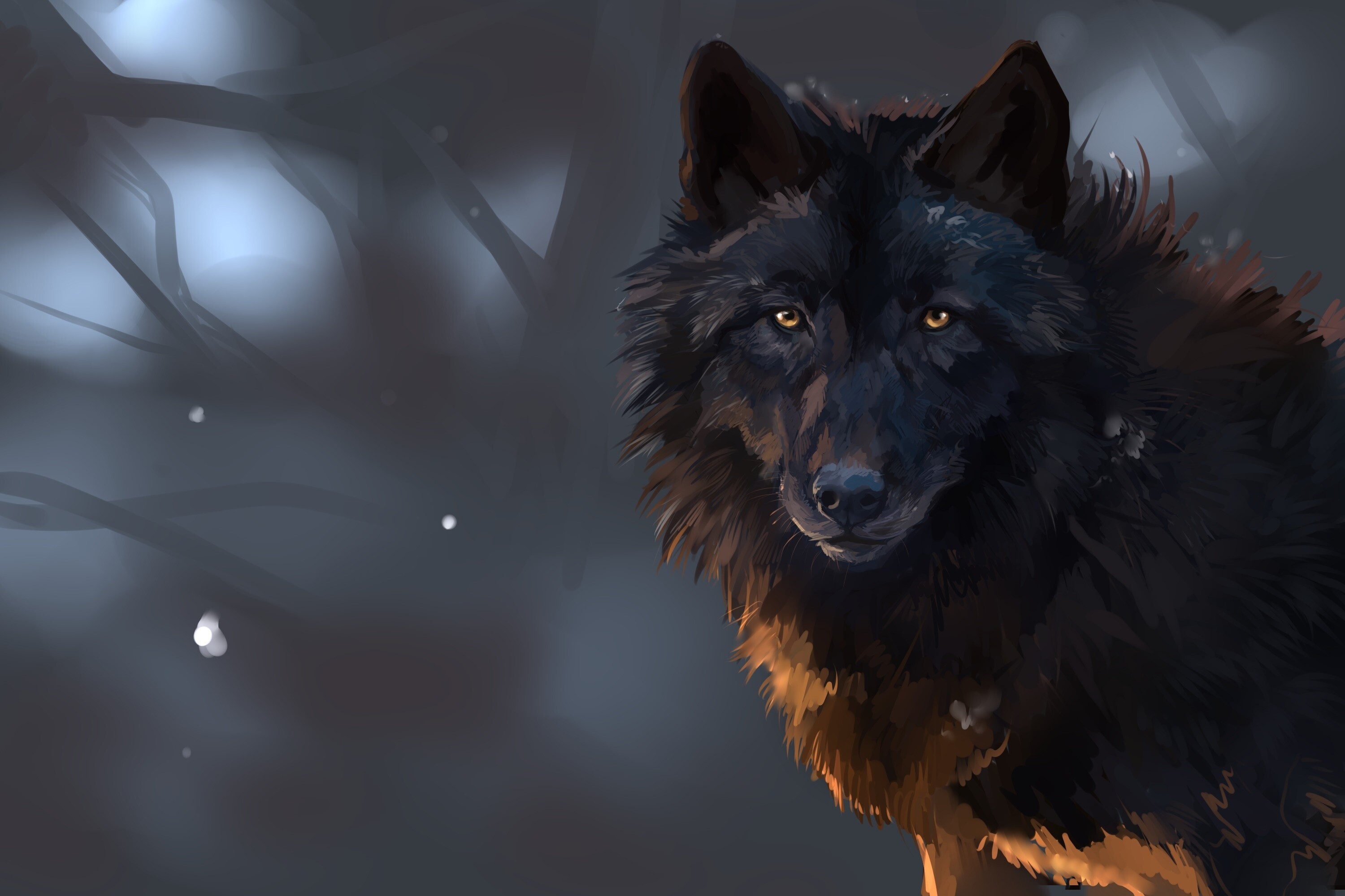 Wolf: Distinguished from coyotes and jackals by a broader snout, shorter ears, a shorter torso, and a longer tail, Painting. 3000x2000 HD Background.