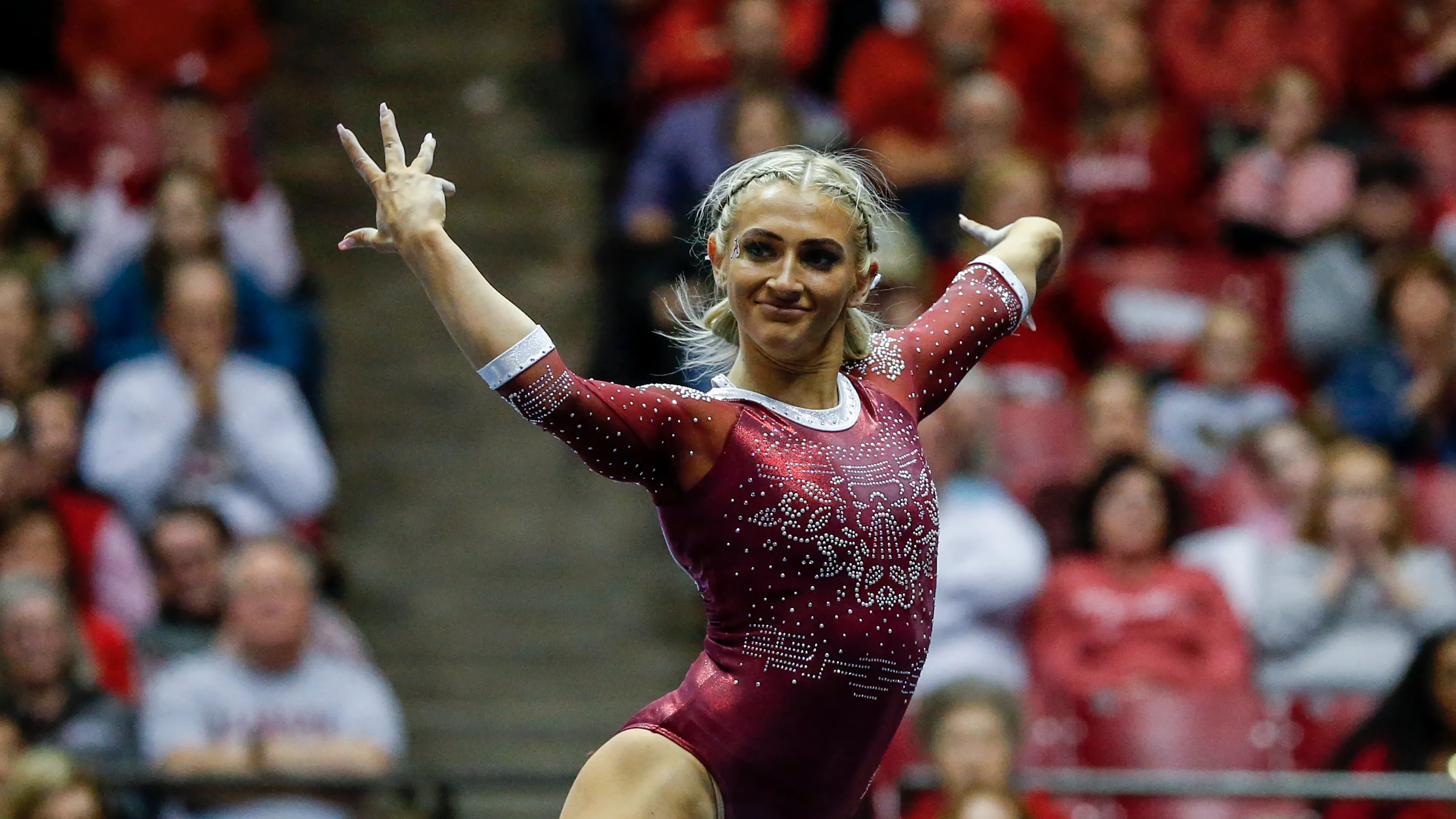 Floor (Gymnastics): Lexi Graber competes during an NCAA Women's Competition, Alabama Crimson Tide Women's Gymnastics. 3840x2160 4K Background.