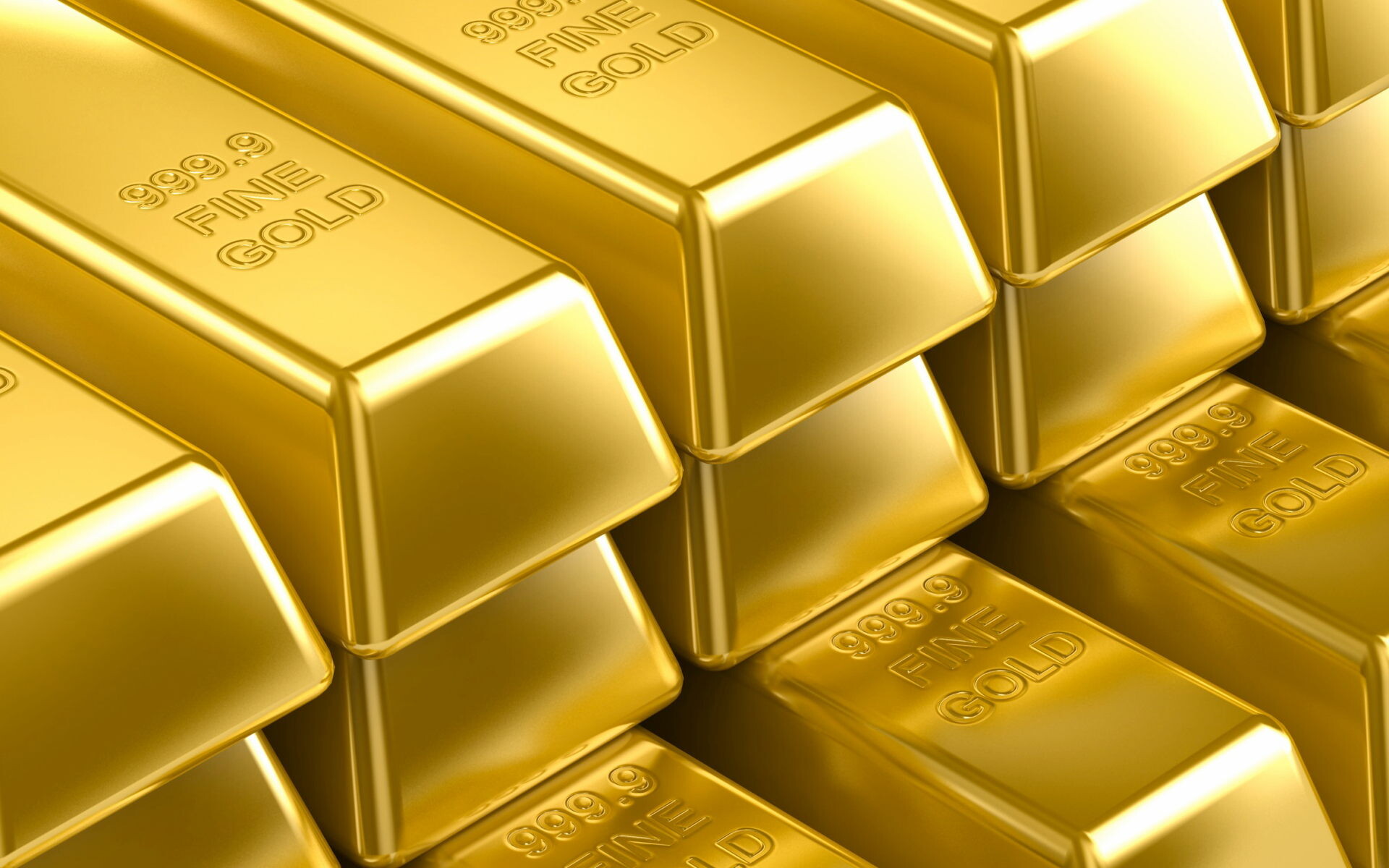Gold: Gold bars with a 999.9 millesimal fineness rating, A bulk quantity of precious metal assessed by weight. 1920x1200 HD Background.