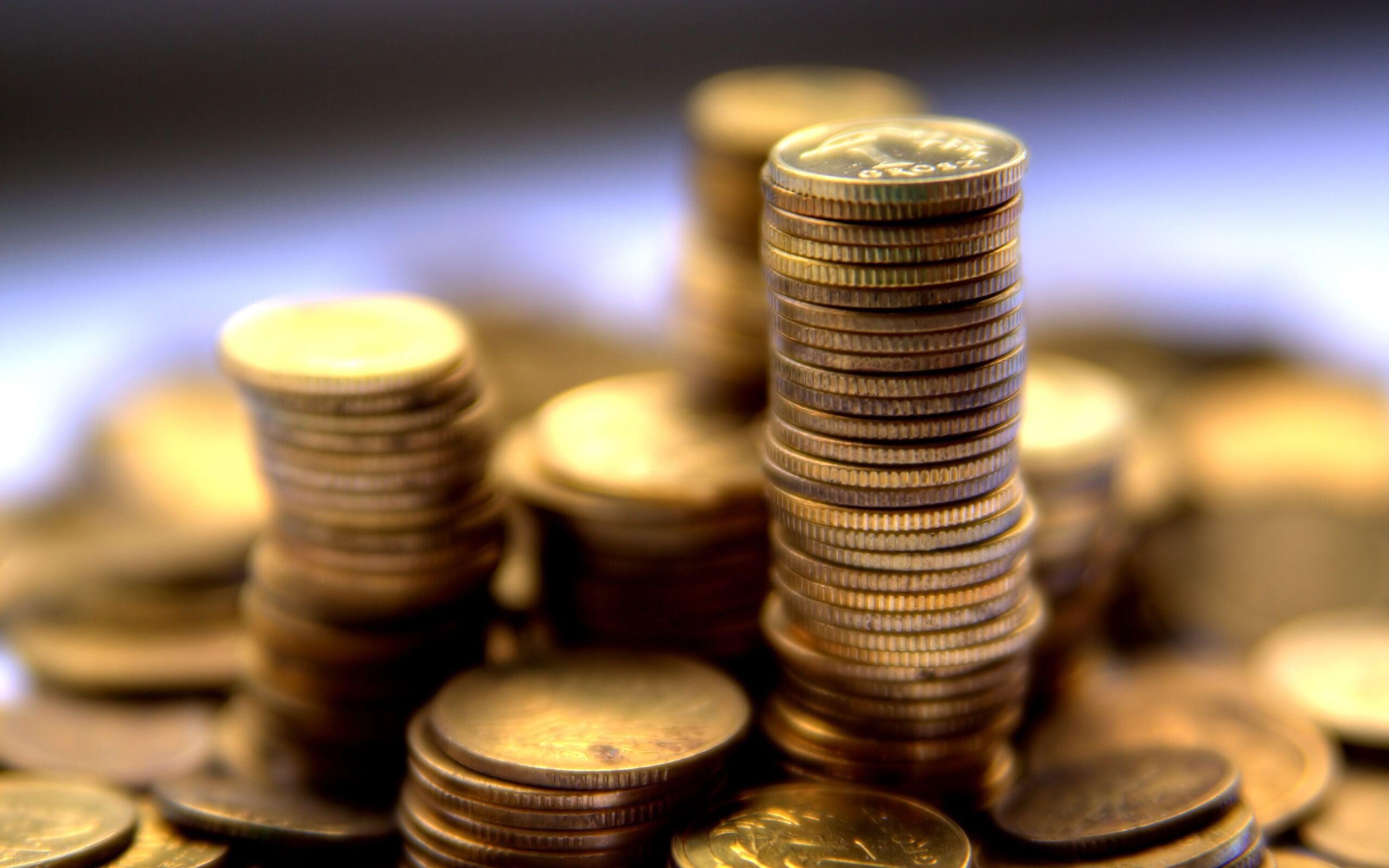 Gold Coins: Coin stacks, A small round piece of metal used as a medium of exchange, Currency. 2560x1600 HD Background.