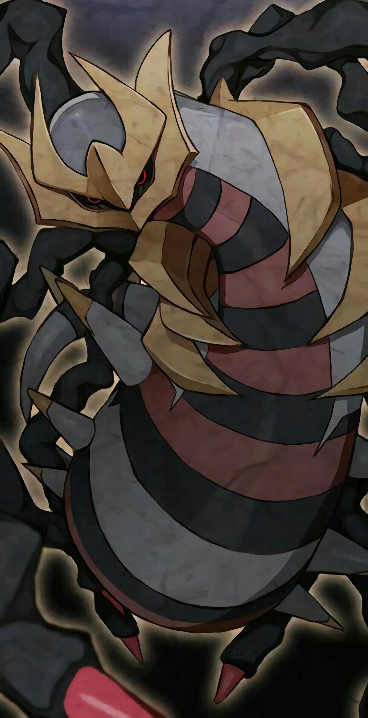 Giratina: Large, gray, draconic Pokemon with three gold half-rings on each side of its long neck, Fictional character. 1240x2400 HD Background.