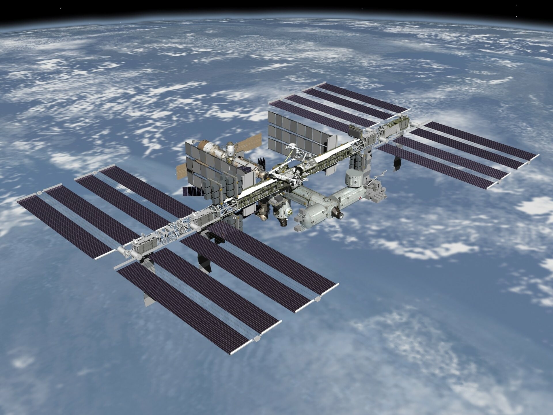ISS: International Space Station, Consists of pressurized habitation modules. 1920x1440 HD Background.