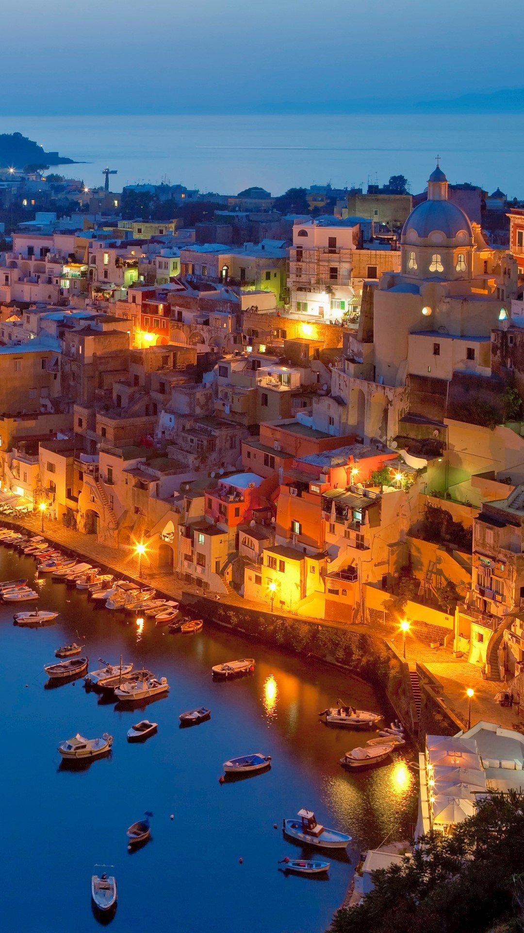 Procida island, Marina Corricella, Bay of Naples, Dusk's tranquility, 1080x1920 Full HD Handy