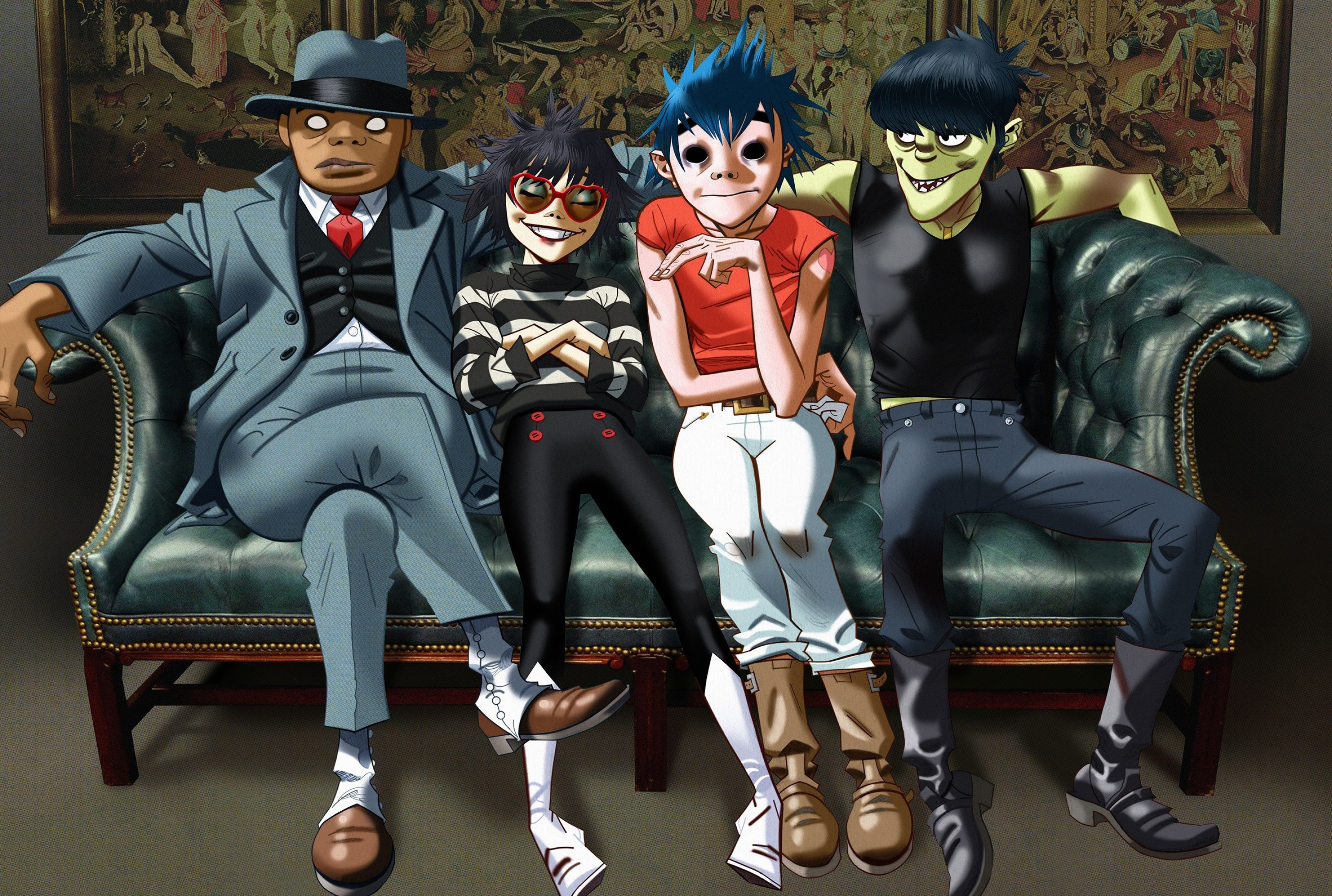 Gorillaz: The iconic band members, Feel Good Inc, Singles reaching the Top 35 in the UK. 3000x2020 HD Background.