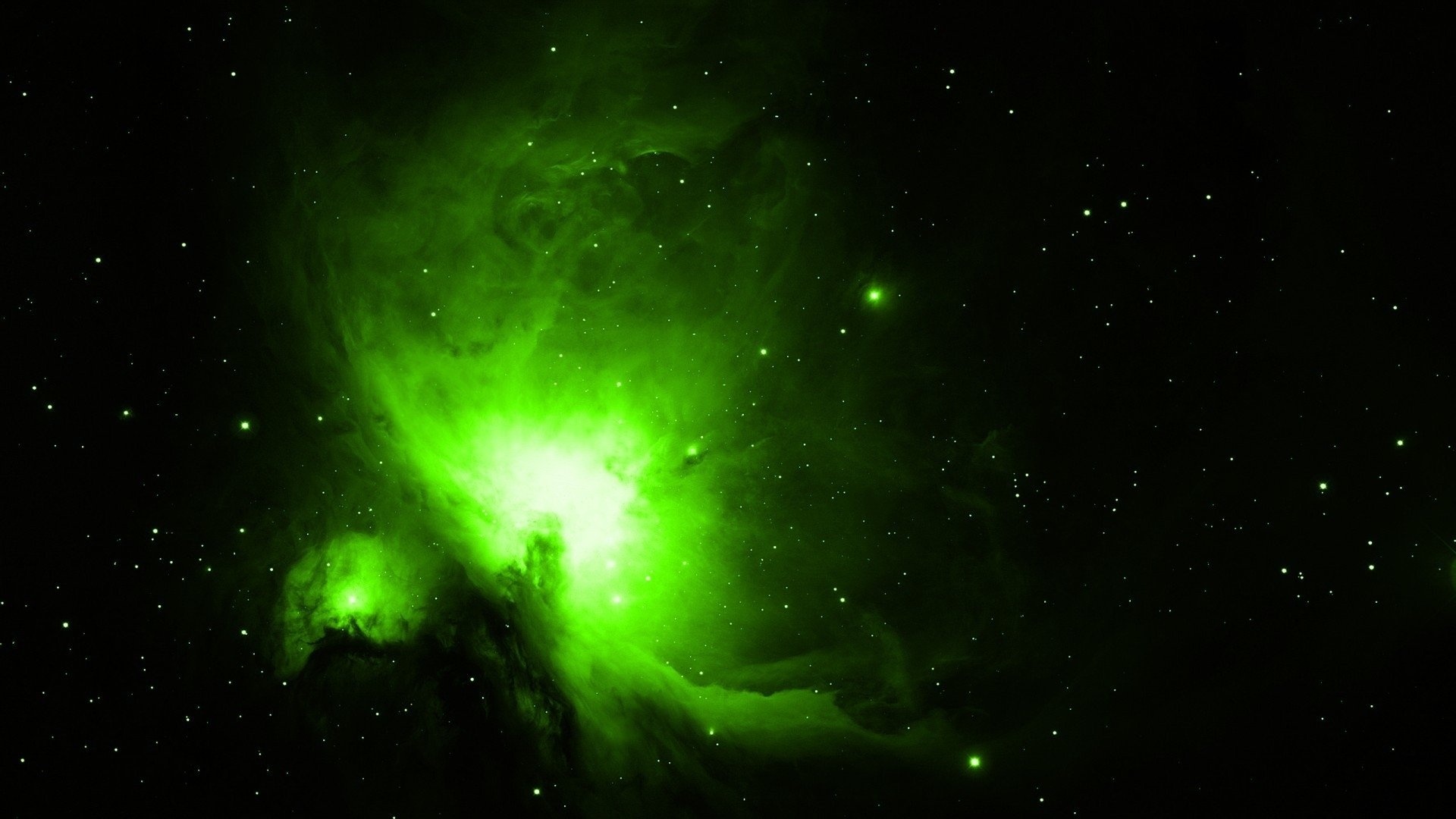 Green Nebula: Messier 42, South of Orion's Belt in the constellation of Orion. 1920x1080 Full HD Wallpaper.
