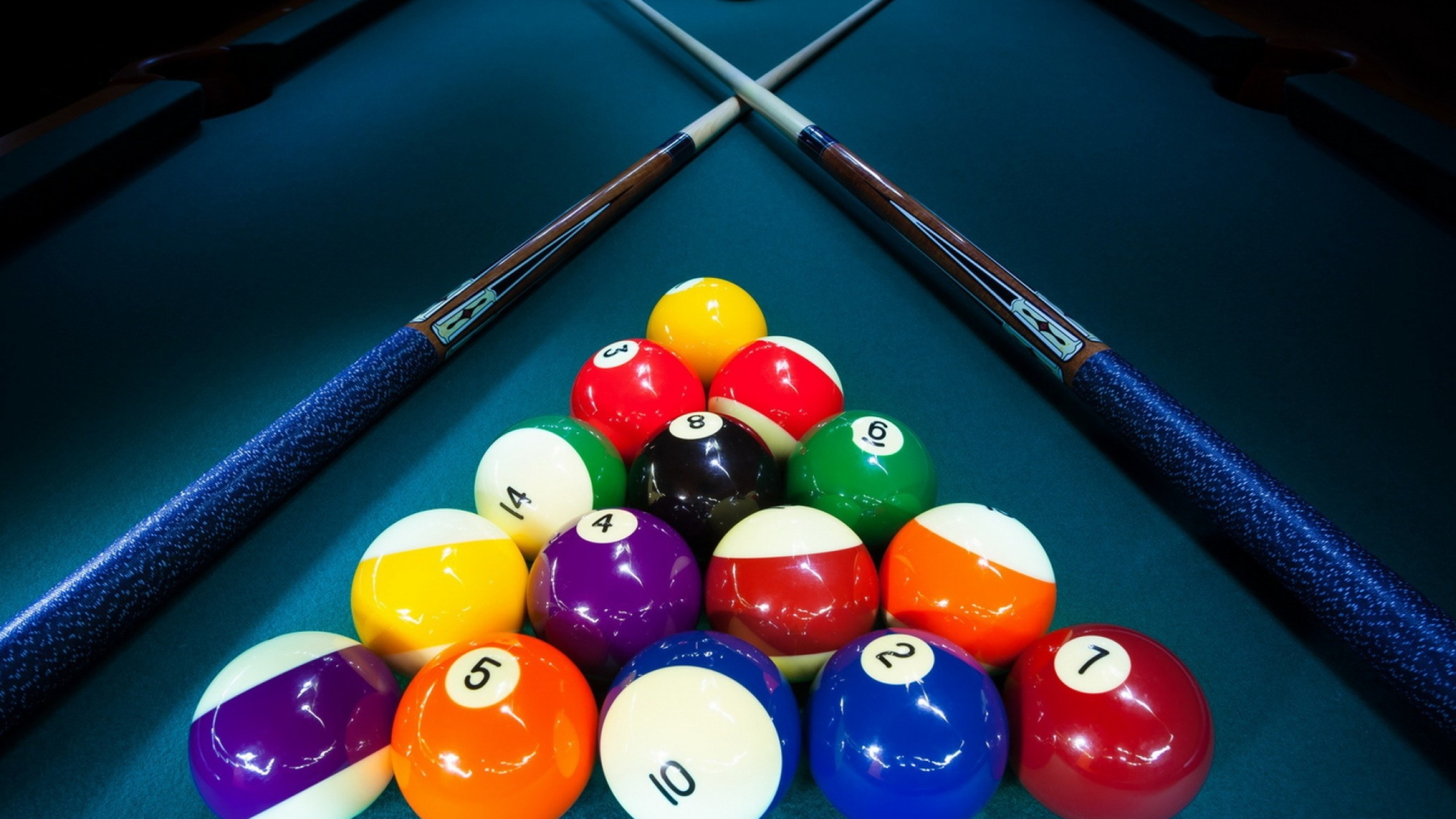 Cue Sports: Two cue sticks and fifteen object balls, Equipment for an eight-ball style of a snooker. 2560x1440 HD Background.