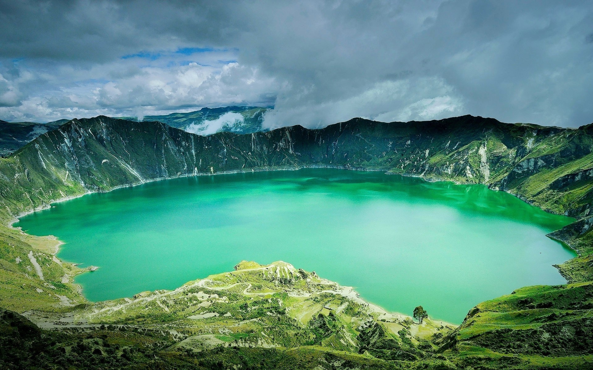 Ecuador: Ecuadorian Andes, Caldera, Volcano, Clouds, Grass, Mountain, Water, Landscape. 1920x1200 HD Background.